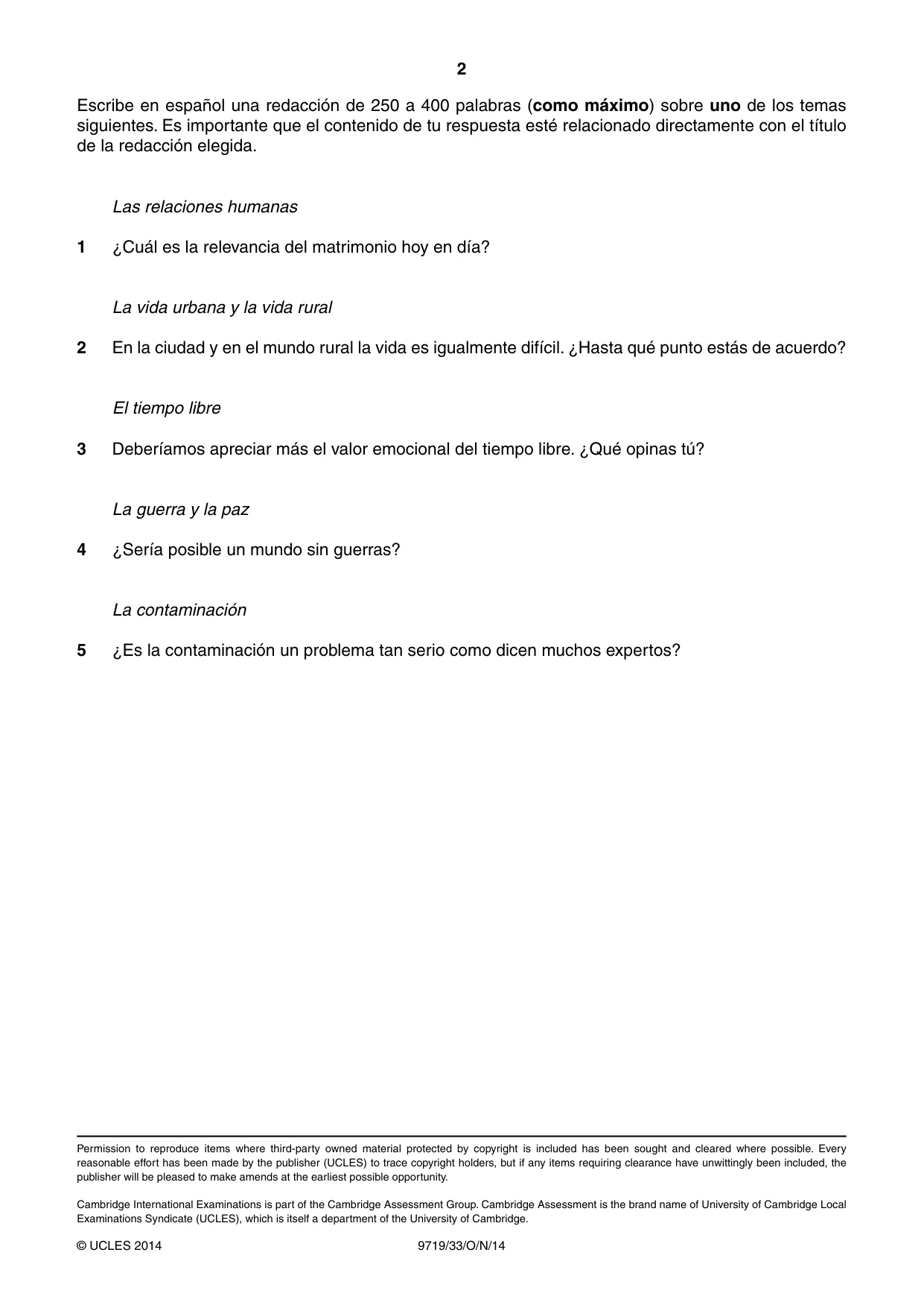 Cambridge A Level Spanish (A Level only) 9719 2014 Oct/Nov Paper 3 · Variant 3 question paper, page 2 of 2