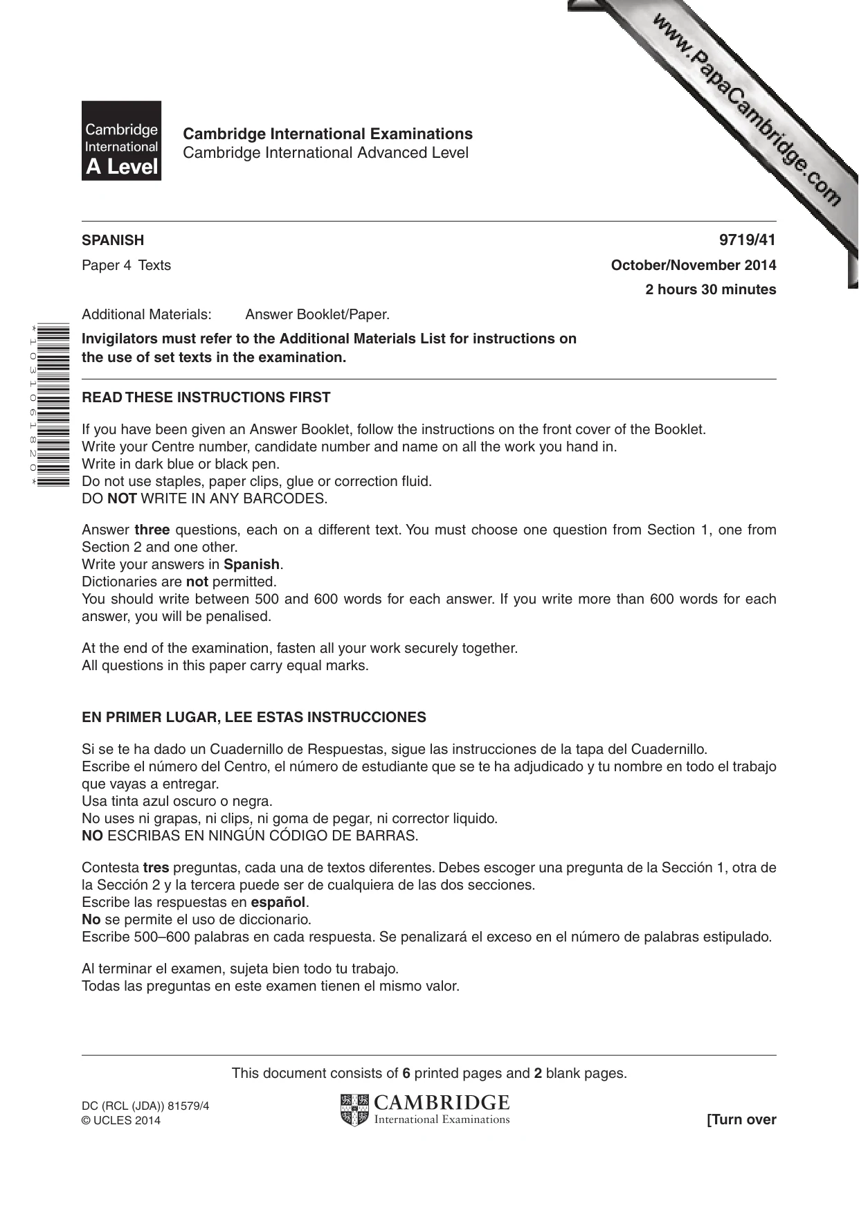Cambridge A Level Spanish (A Level only) 9719 2014 Oct/Nov Paper 4 · Variant 1 question paper, page 1 of 8