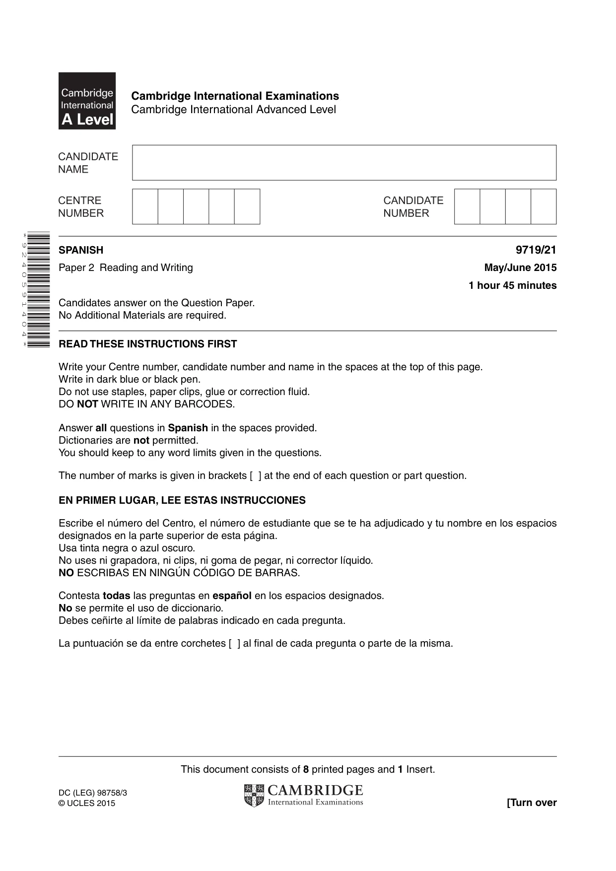 Cambridge A Level Spanish (A Level only) 9719 2015 May/June Paper 2 · Variant 1 question paper, page 1 of 8
