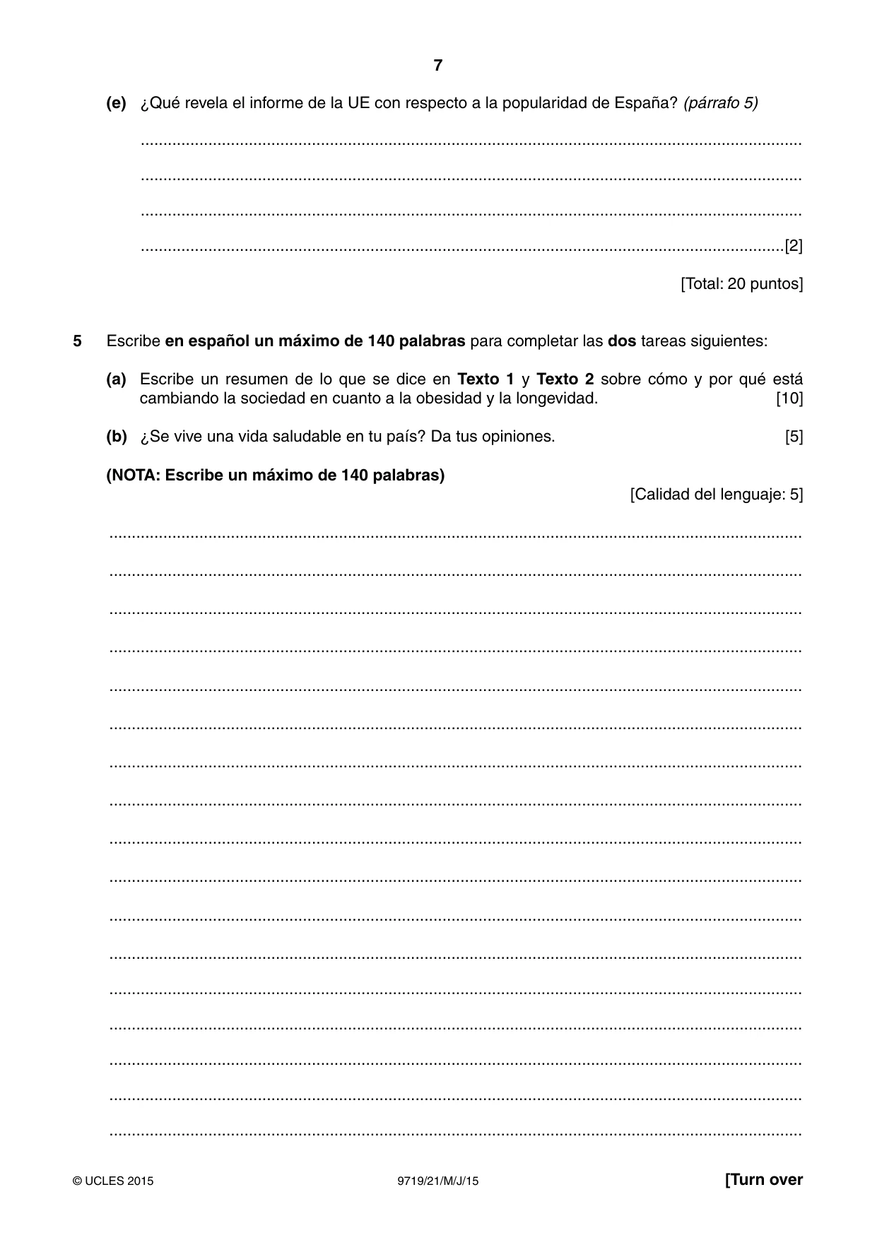 Cambridge A Level Spanish (A Level only) 9719 2015 May/June Paper 2 · Variant 1 question paper, page 7 of 8
