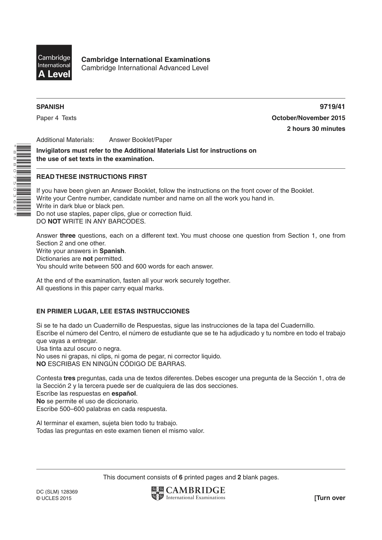 Cambridge A Level Spanish (A Level only) 9719 2015 Oct/Nov Paper 4 · Variant 1 question paper, page 1 of 8