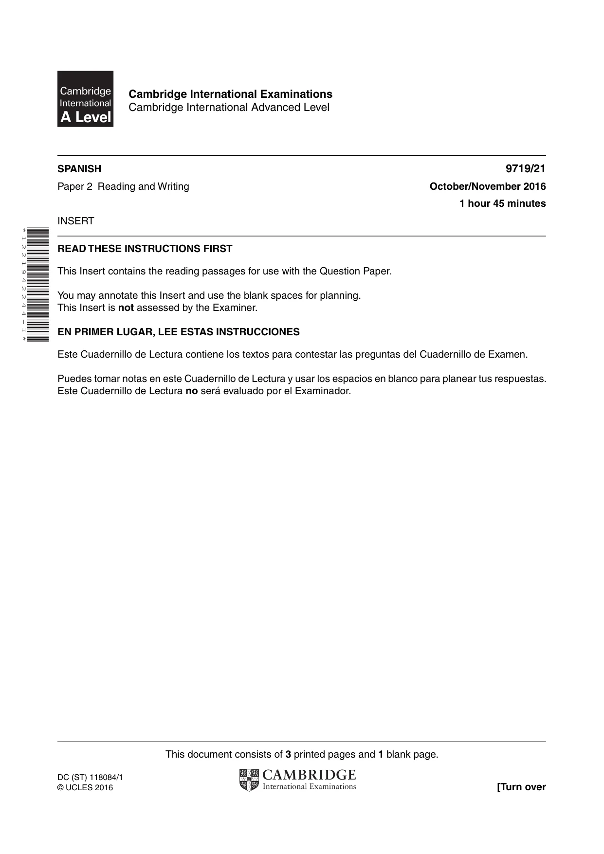 Cambridge A Level Spanish (A Level only) 9719 2016 Oct/Nov Paper 2 · Variant 1 question paper, page 1 of 4