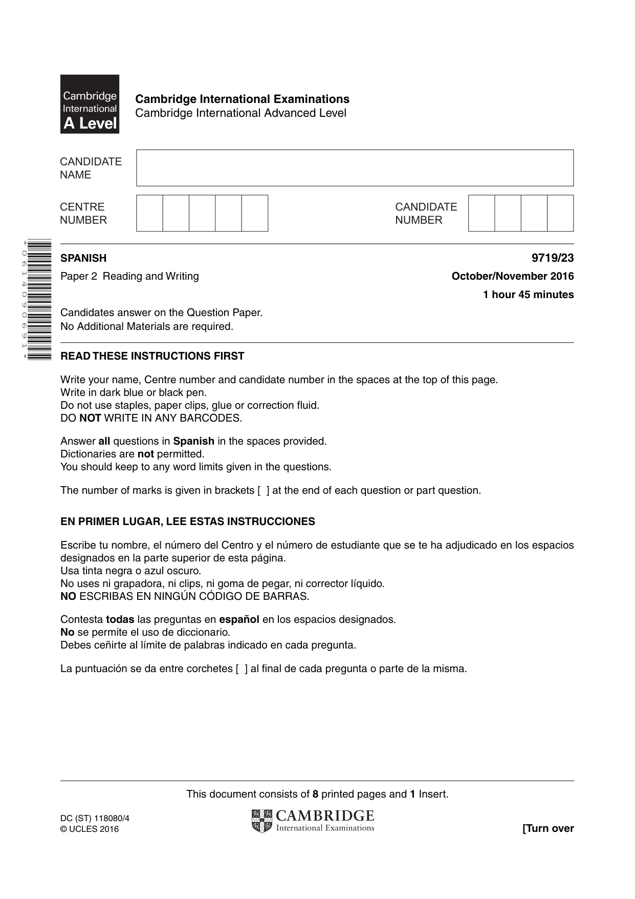 Cambridge A Level Spanish (A Level only) 9719 2016 Oct/Nov Paper 2 · Variant 3 question paper, page 1 of 8