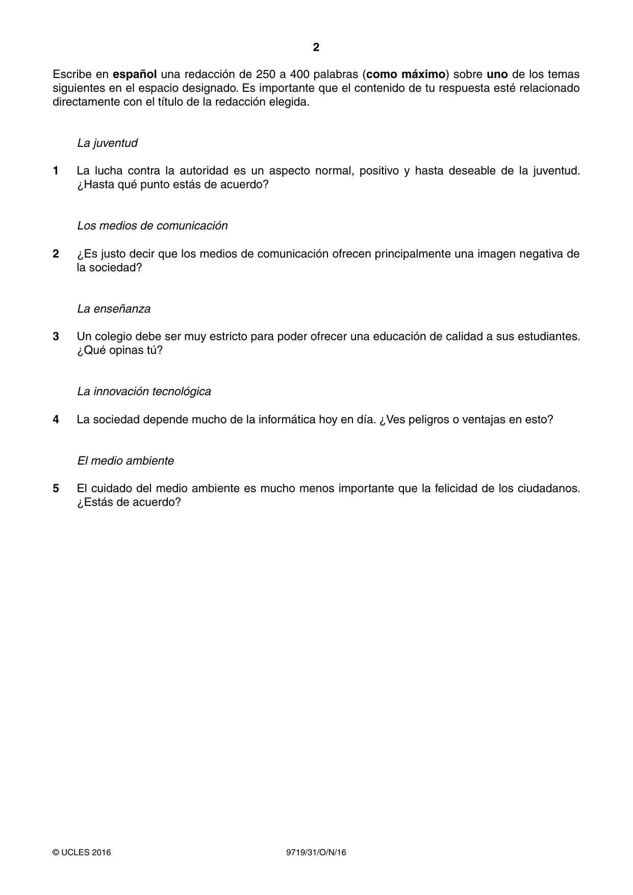 Cambridge A Level Spanish (A Level only) 9719 2016 Oct/Nov Paper 3 · Variant 1 question paper, page 2 of 8