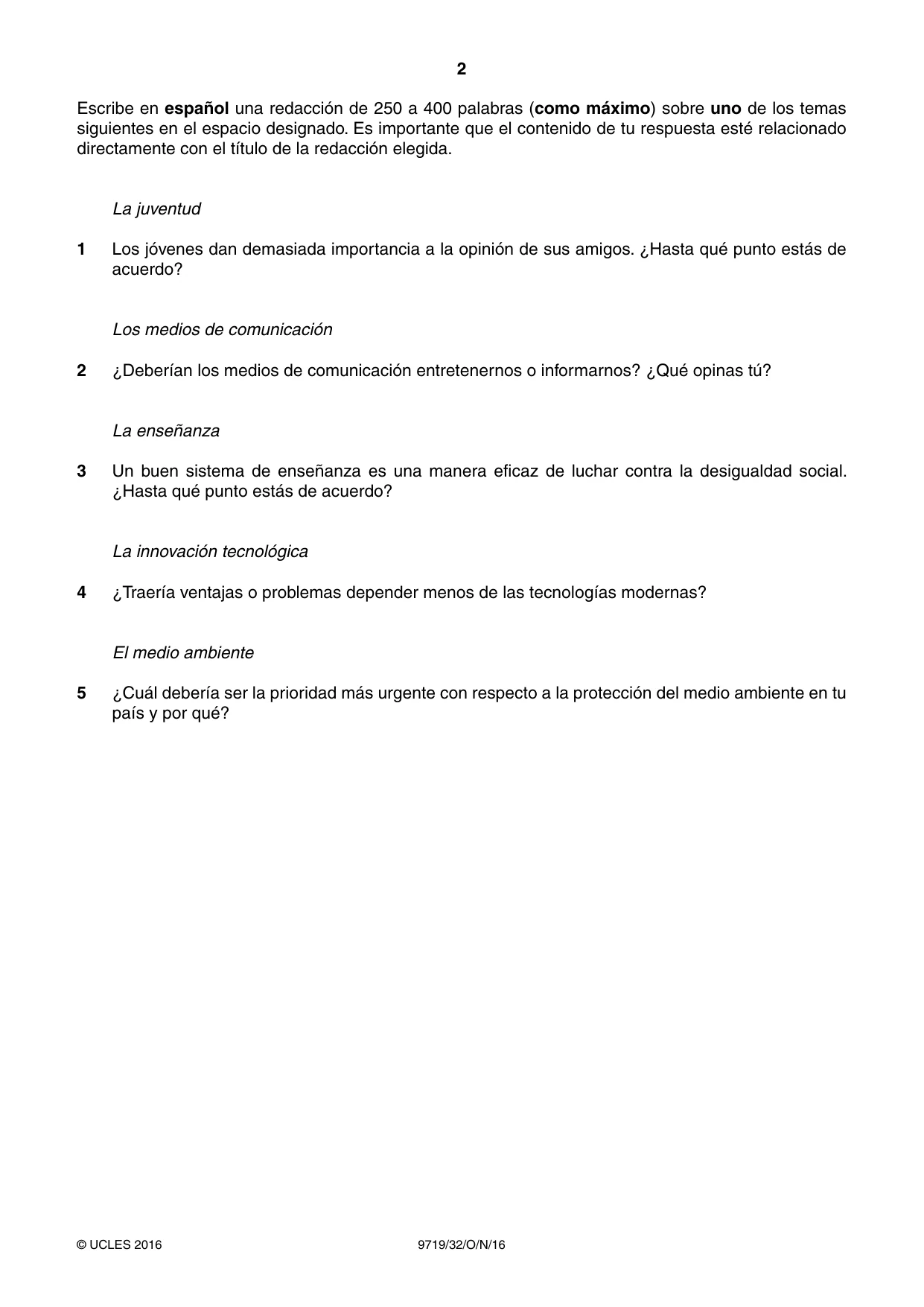 Cambridge A Level Spanish (A Level only) 9719 2016 Oct/Nov Paper 3 · Variant 2 question paper, page 2 of 8