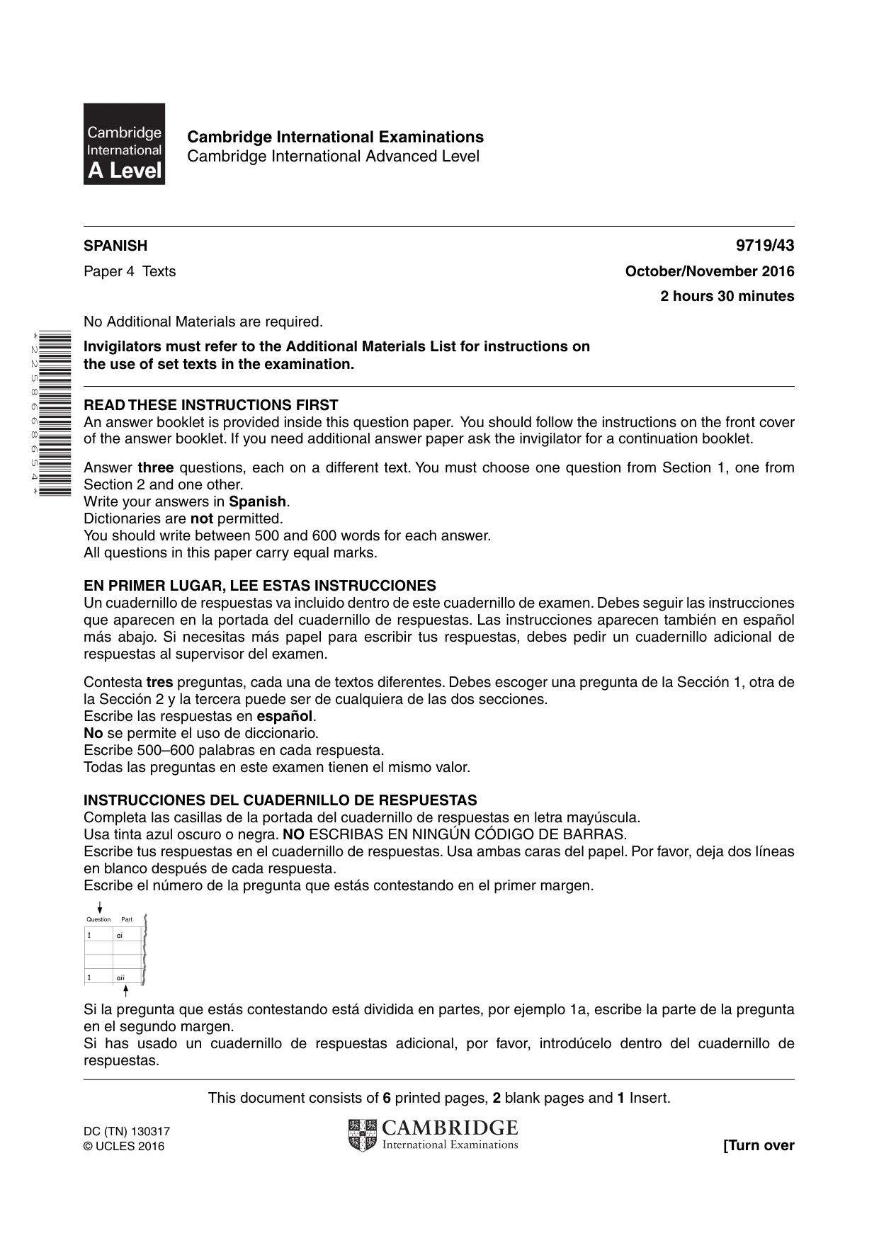 Cambridge A Level Spanish (A Level only) 9719 2016 Oct/Nov Paper 4 · Variant 3 question paper, page 1 of 8