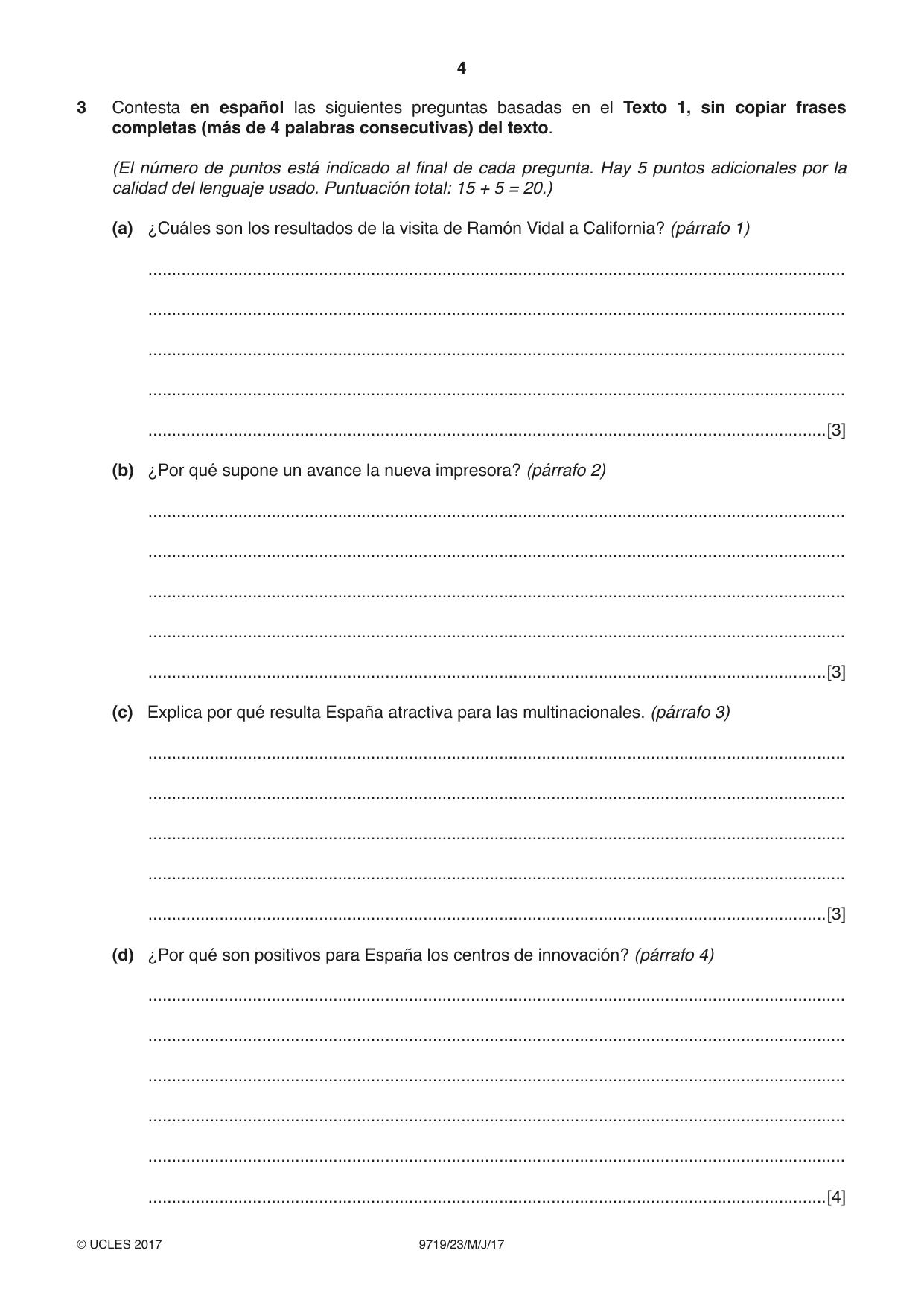 Cambridge A Level Spanish (A Level only) 9719 2017 May/June Paper 2 · Variant 3 question paper, page 4 of 8