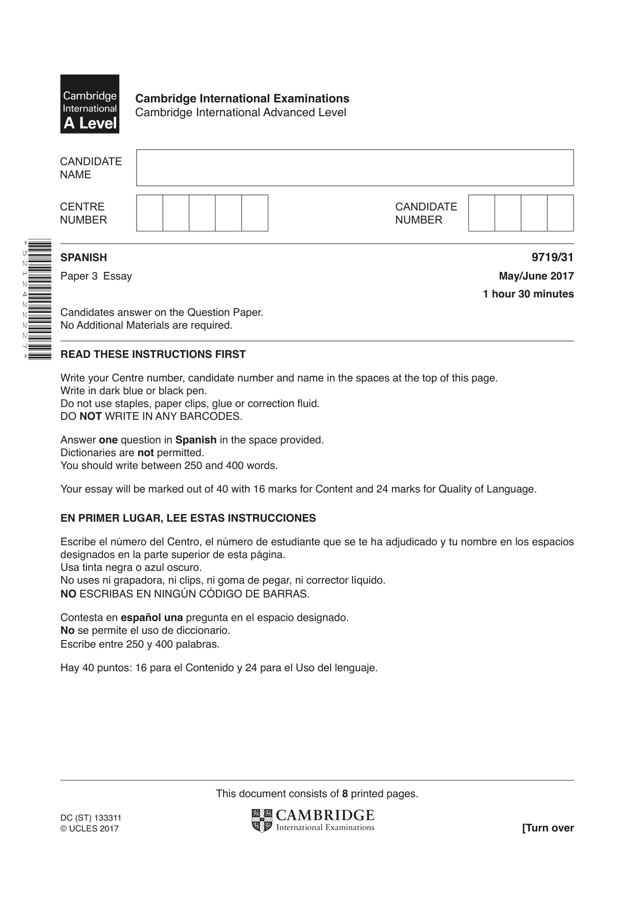 Cambridge A Level Spanish (A Level only) 9719 2017 May/June Paper 3 · Variant 1 question paper, page 1 of 8