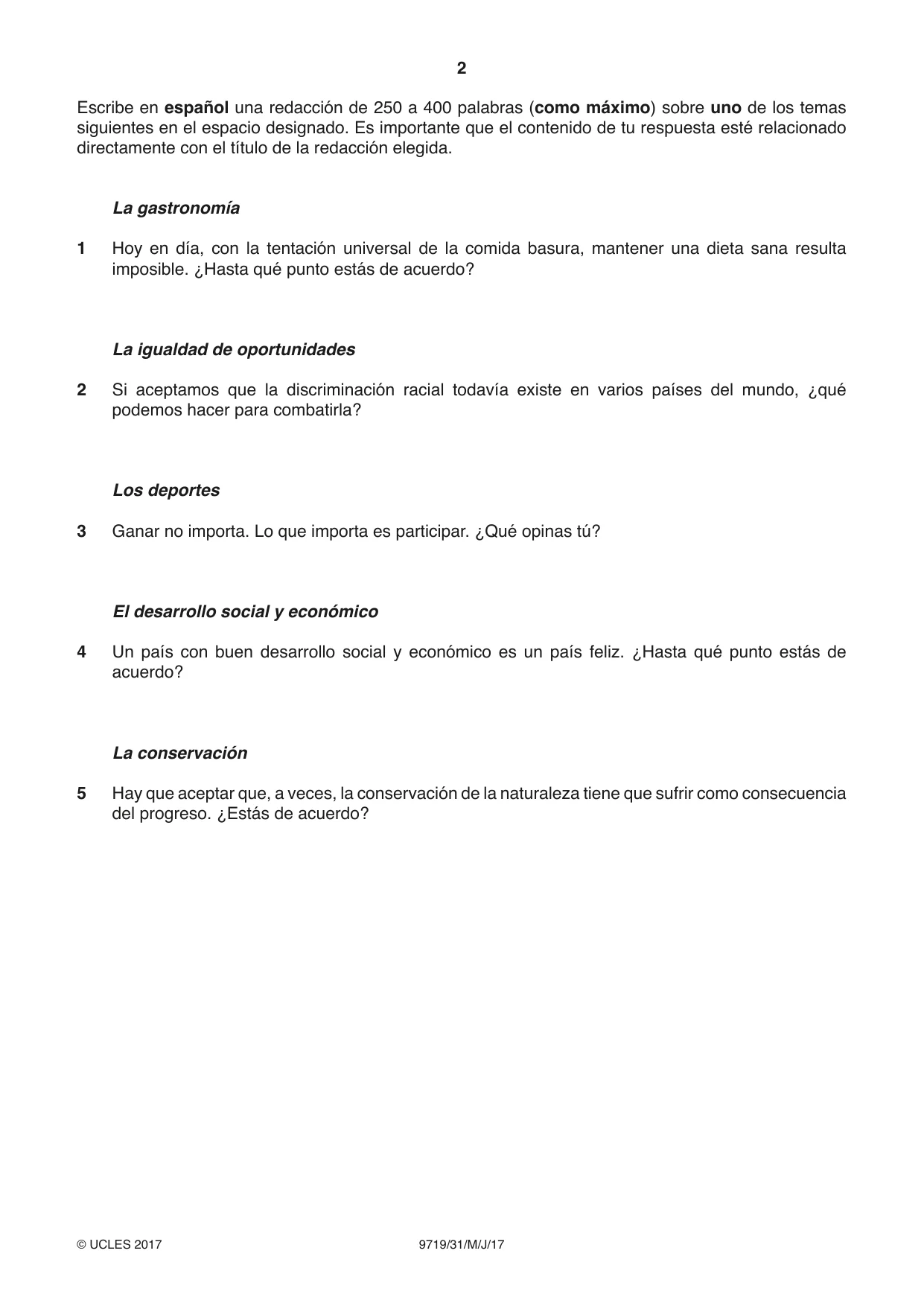 Cambridge A Level Spanish (A Level only) 9719 2017 May/June Paper 3 · Variant 1 question paper, page 2 of 8
