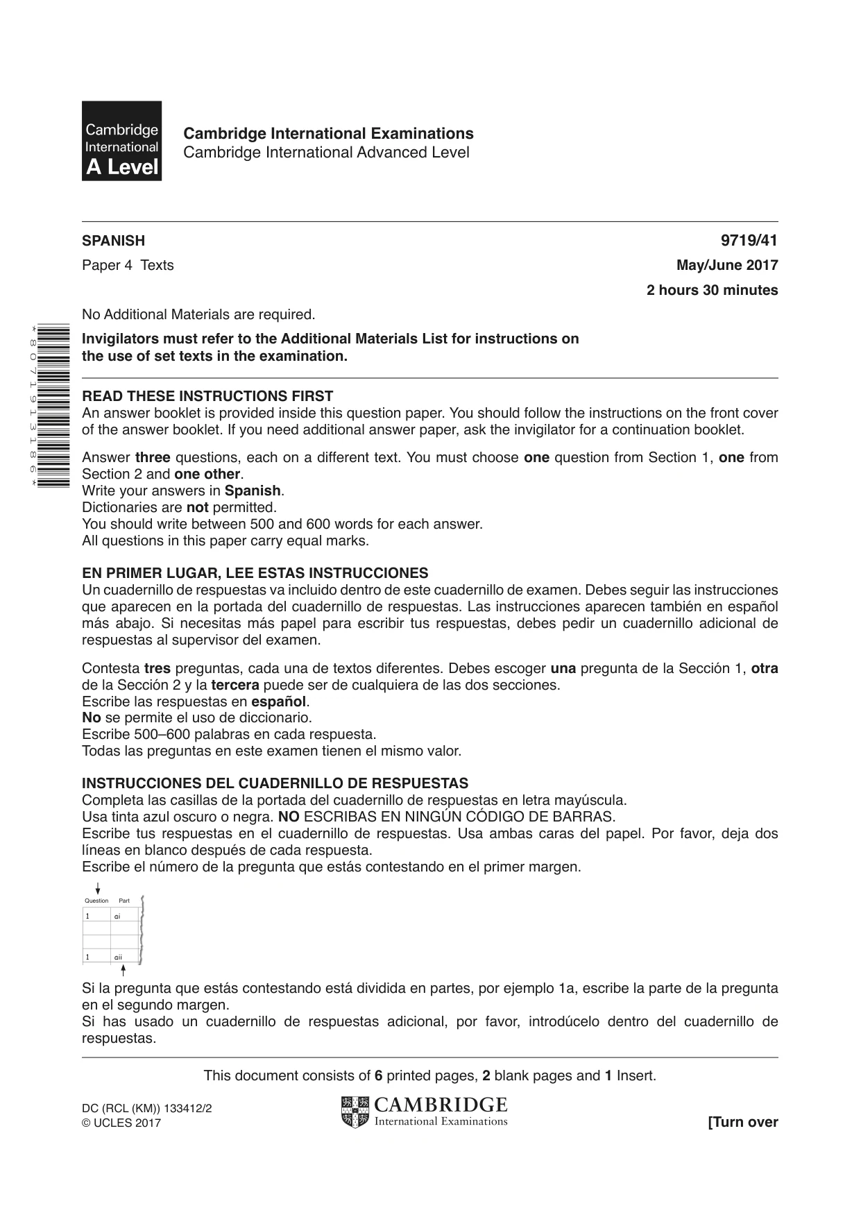 Cambridge A Level Spanish (A Level only) 9719 2017 May/June Paper 4 · Variant 1 question paper, page 1 of 8