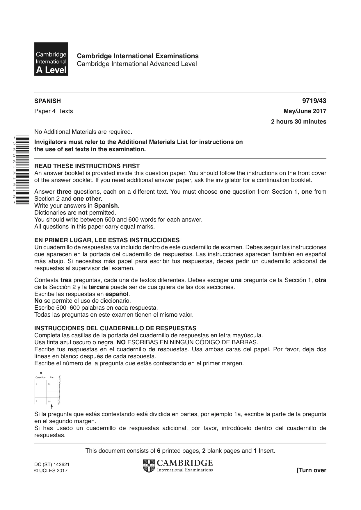 Cambridge A Level Spanish (A Level only) 9719 2017 May/June Paper 4 · Variant 3 question paper, page 1 of 8