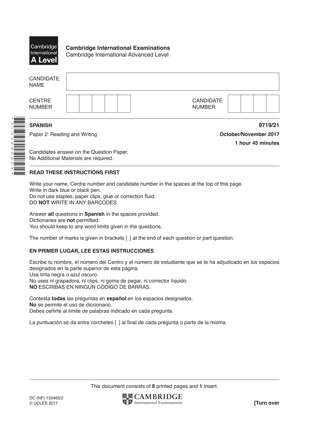 Cambridge A Level Spanish (A Level only) 9719 2017 Oct/Nov Paper 2 · Variant 1 question paper, page 1 of 8