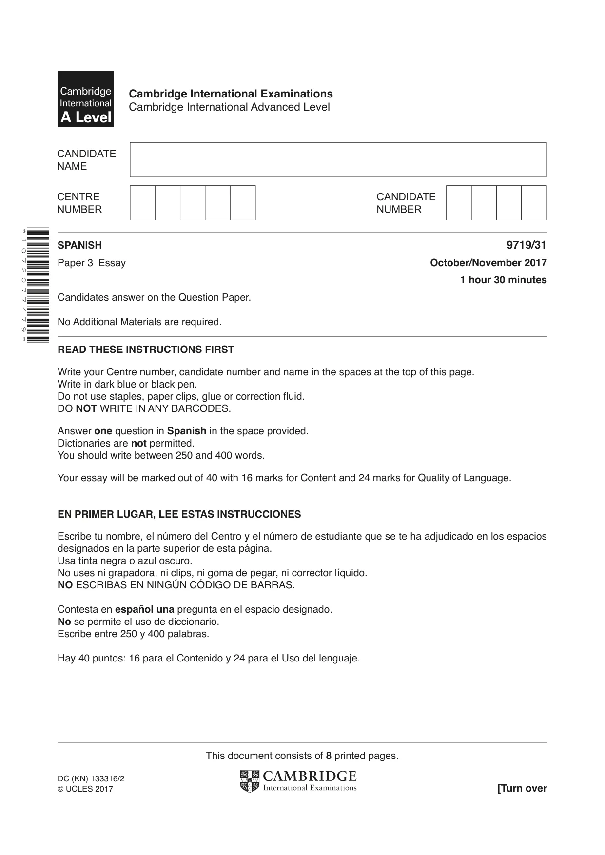 Cambridge A Level Spanish (A Level only) 9719 2017 Oct/Nov Paper 3 · Variant 1 question paper, page 1 of 8