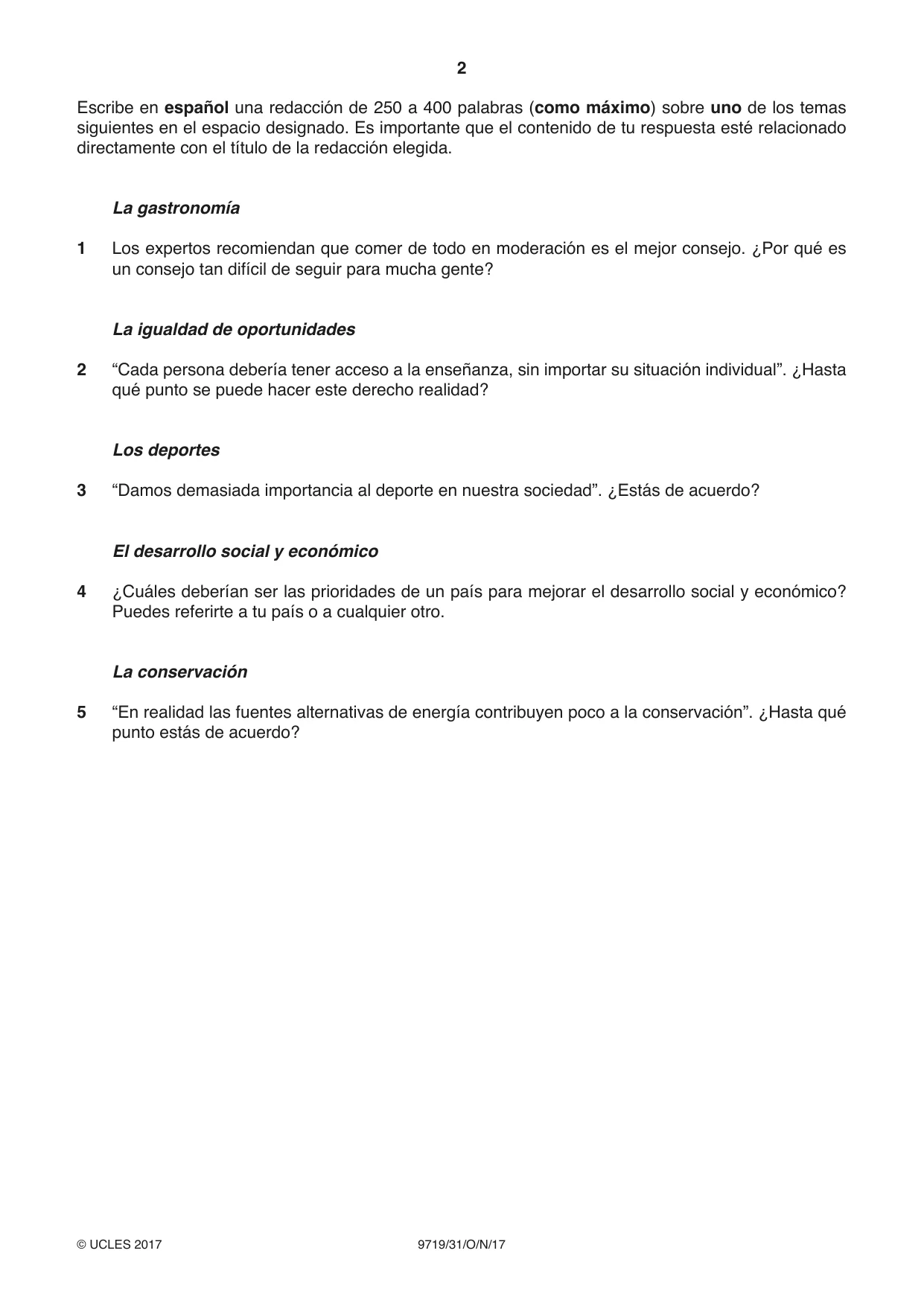Cambridge A Level Spanish (A Level only) 9719 2017 Oct/Nov Paper 3 · Variant 1 question paper, page 2 of 8