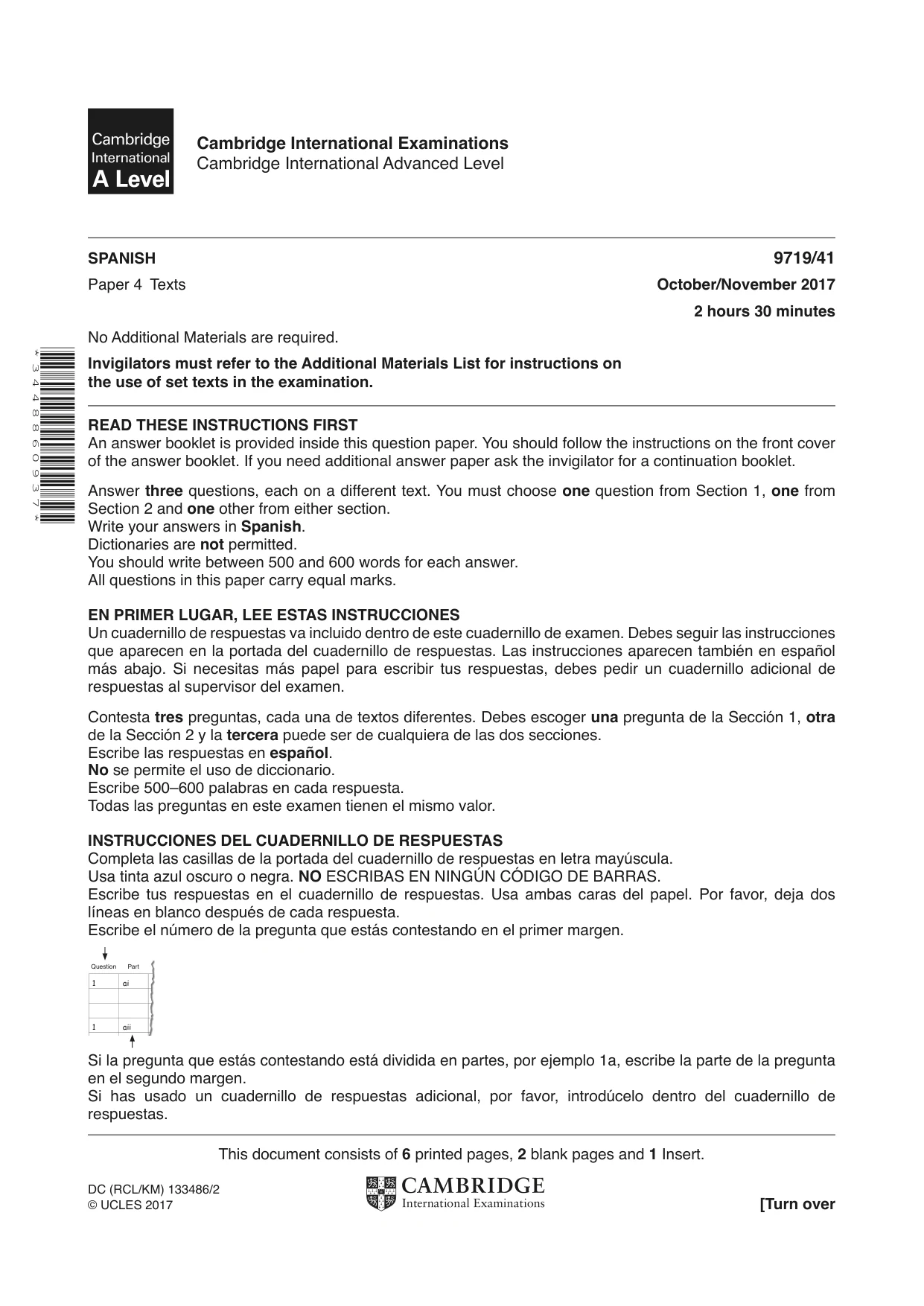 Cambridge A Level Spanish (A Level only) 9719 2017 Oct/Nov Paper 4 · Variant 1 question paper, page 1 of 8