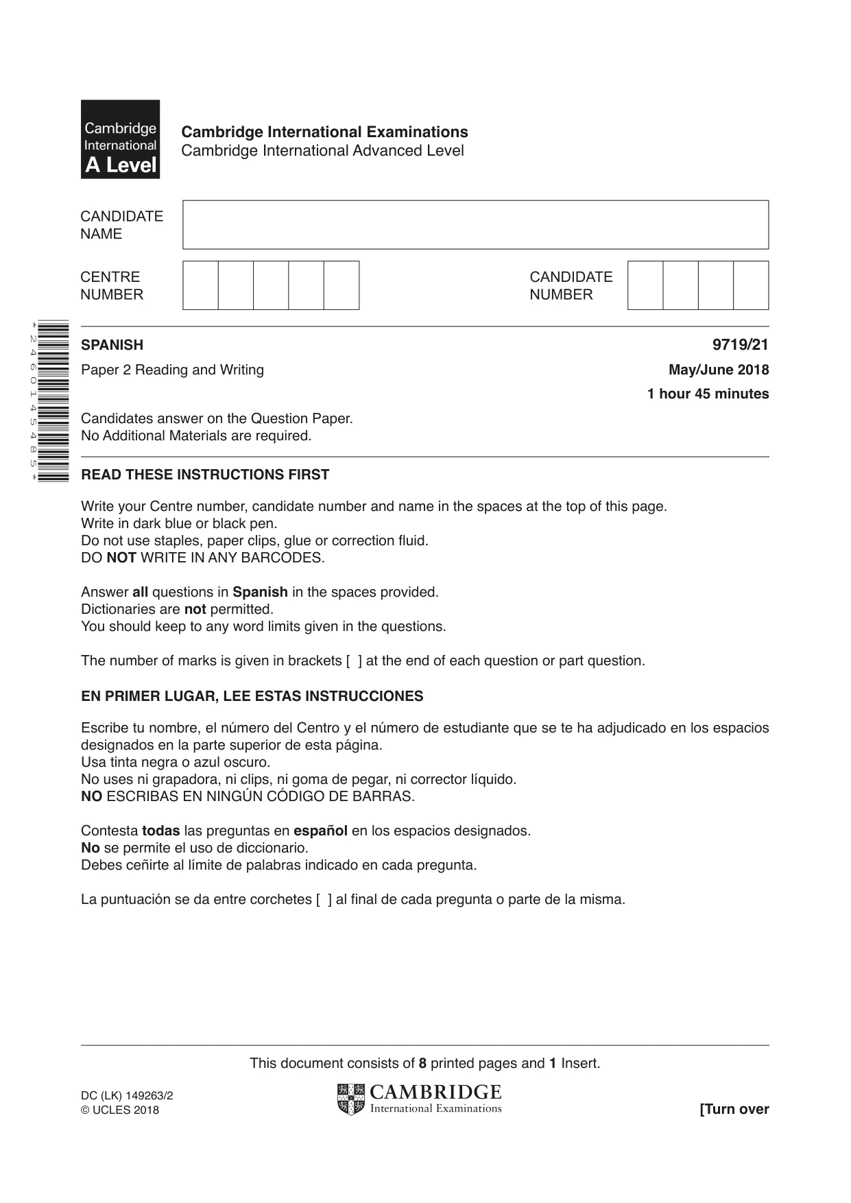 Cambridge A Level Spanish (A Level only) 9719 2018 May/June Paper 2 · Variant 1 question paper, page 1 of 8
