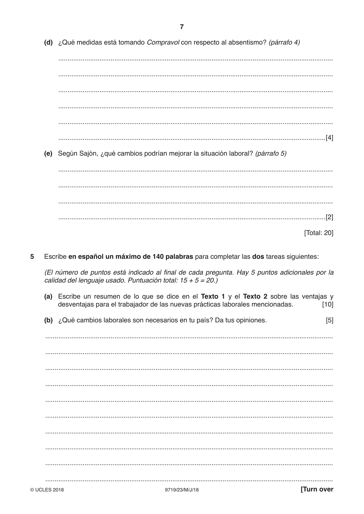 Cambridge A Level Spanish (A Level only) 9719 2018 May/June Paper 2 · Variant 3 question paper, page 7 of 8