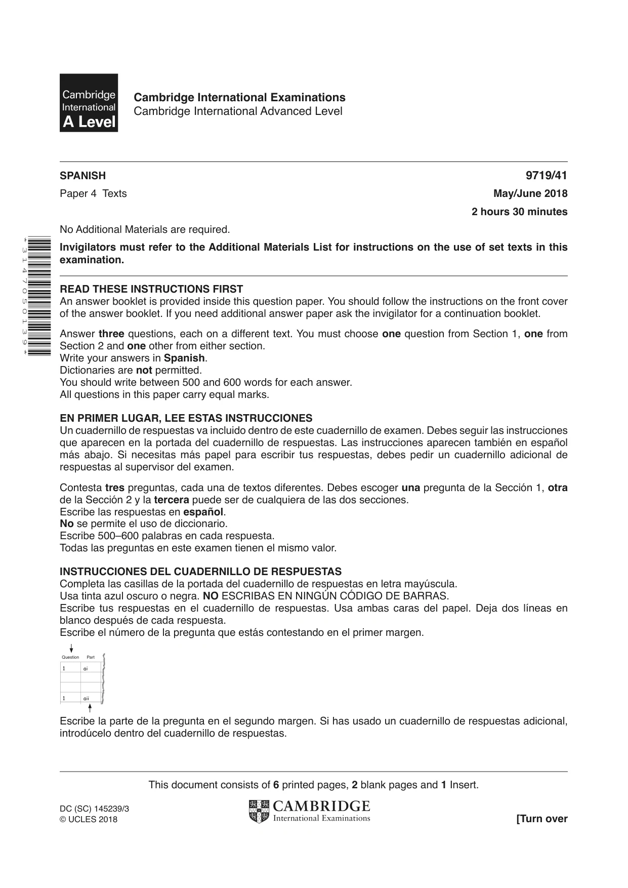 Cambridge A Level Spanish (A Level only) 9719 2018 May/June Paper 4 · Variant 1 question paper, page 1 of 8