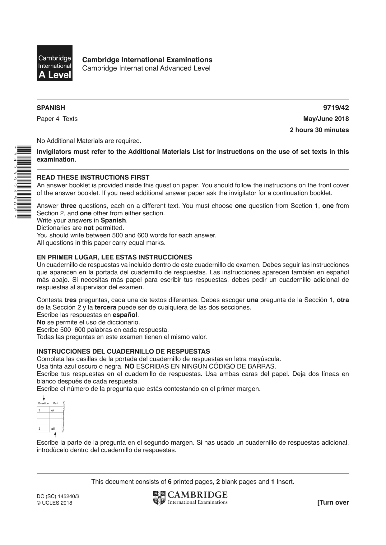 Cambridge A Level Spanish (A Level only) 9719 2018 May/June Paper 4 · Variant 2 question paper, page 1 of 8