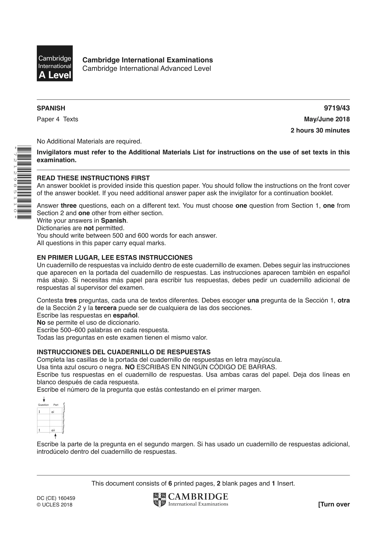 Cambridge A Level Spanish (A Level only) 9719 2018 May/June Paper 4 · Variant 3 question paper, page 1 of 8