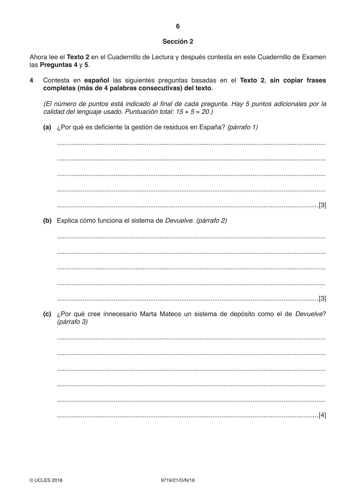 Cambridge A Level Spanish (A Level only) 9719 2018 Oct/Nov Paper 2 · Variant 1 question paper, page 6 of 8