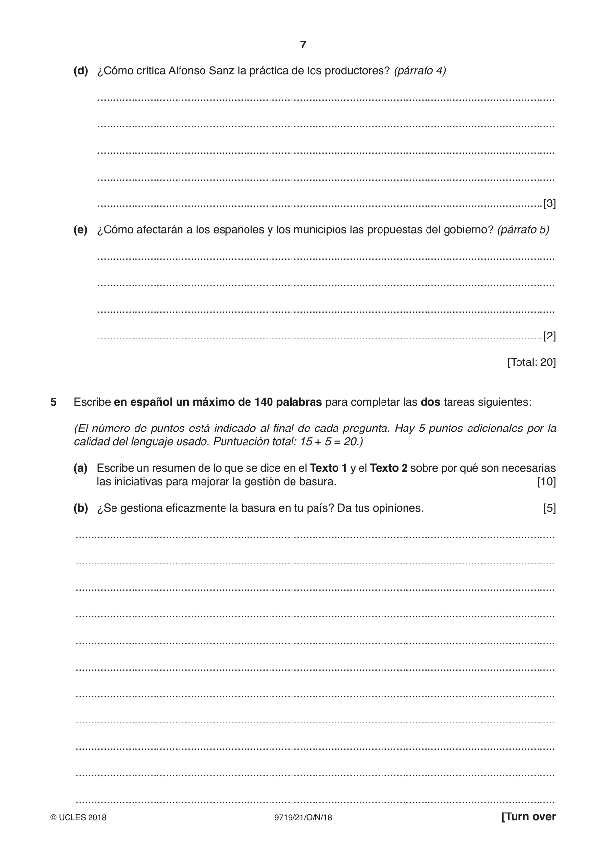 Cambridge A Level Spanish (A Level only) 9719 2018 Oct/Nov Paper 2 · Variant 1 question paper, page 7 of 8