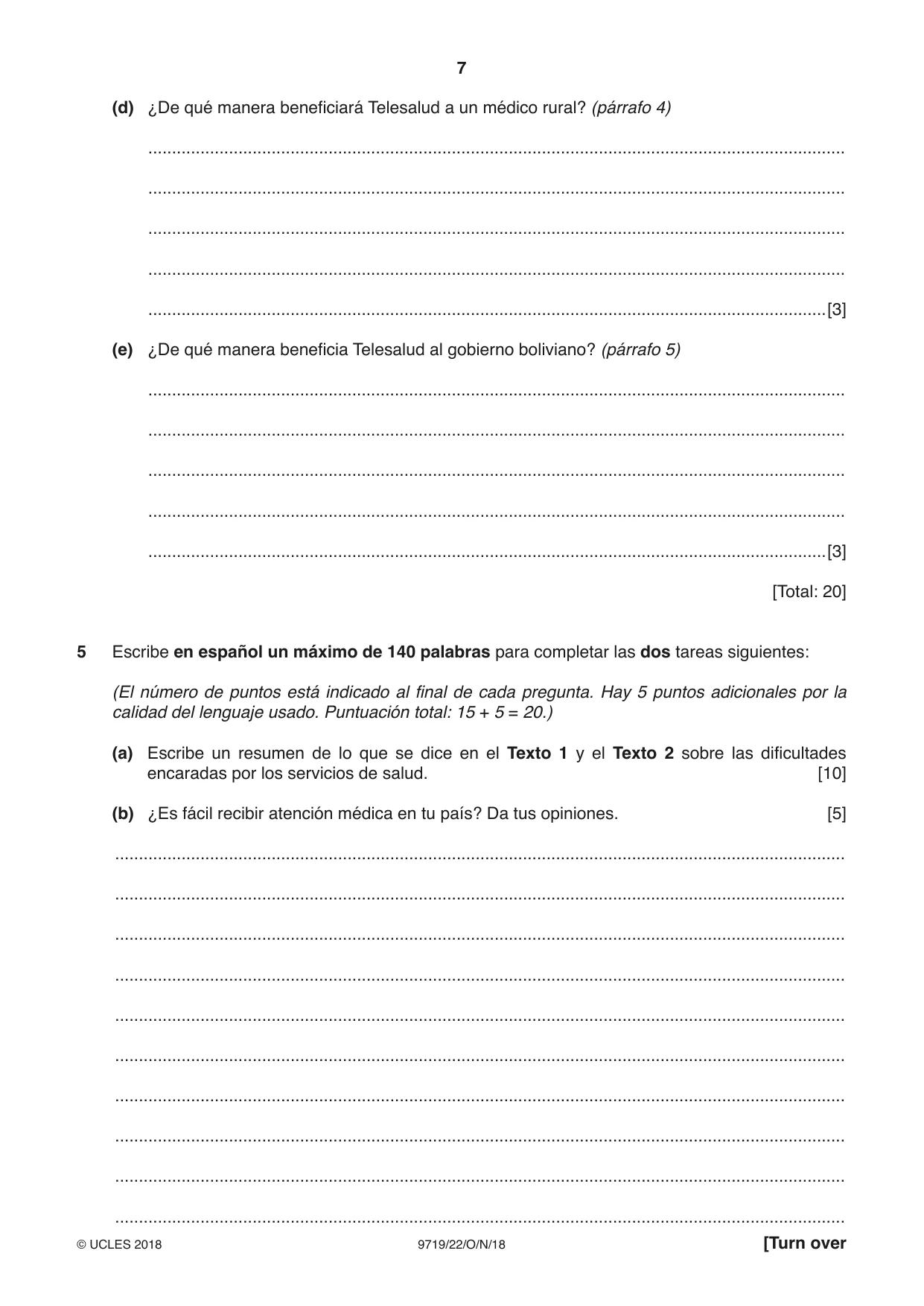 Cambridge A Level Spanish (A Level only) 9719 2018 Oct/Nov Paper 2 · Variant 2 question paper, page 7 of 8
