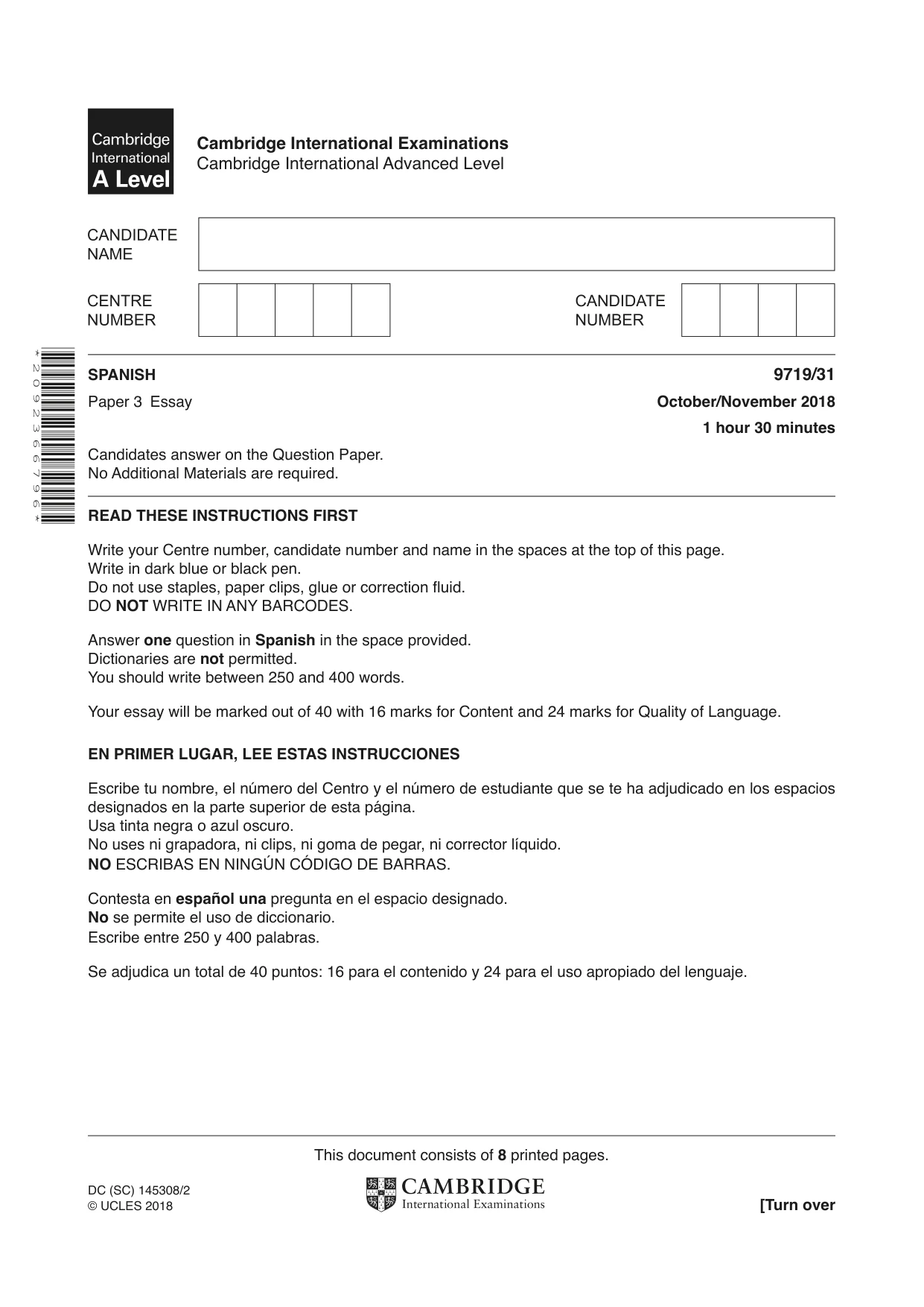 Cambridge A Level Spanish (A Level only) 9719 2018 Oct/Nov Paper 3 · Variant 1 question paper, page 1 of 8