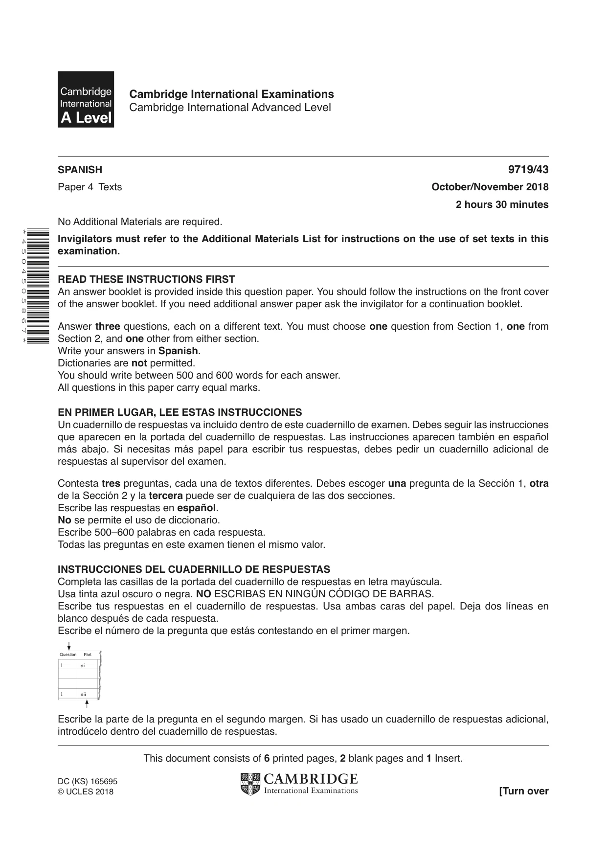 Cambridge A Level Spanish (A Level only) 9719 2018 Oct/Nov Paper 4 · Variant 3 question paper, page 1 of 8