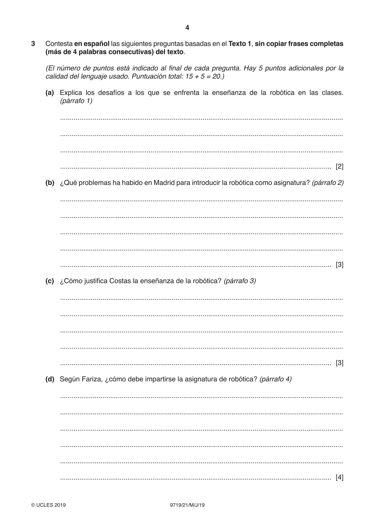 Cambridge A Level Spanish (A Level only) 9719 2019 May/June Paper 2 · Variant 1 question paper, page 4 of 8