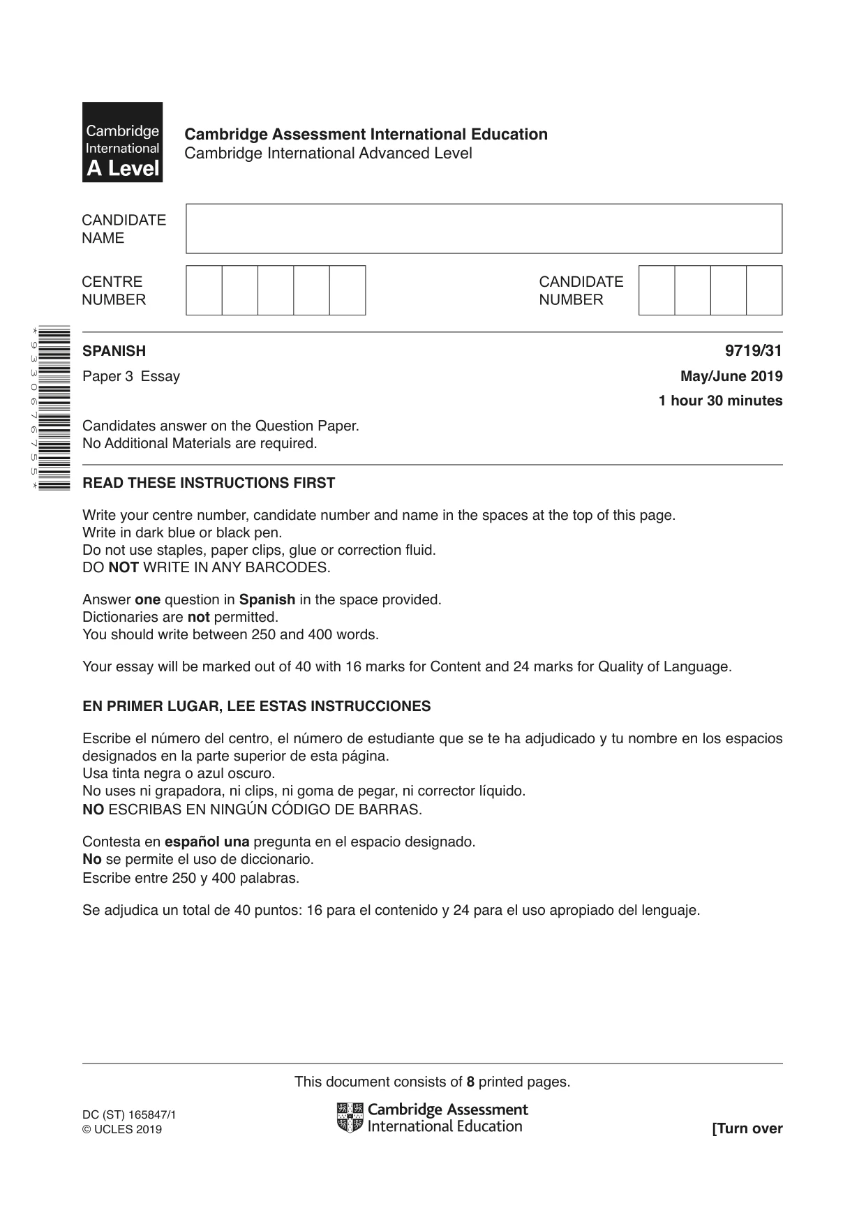 Cambridge A Level Spanish (A Level only) 9719 2019 May/June Paper 3 · Variant 1 question paper, page 1 of 8