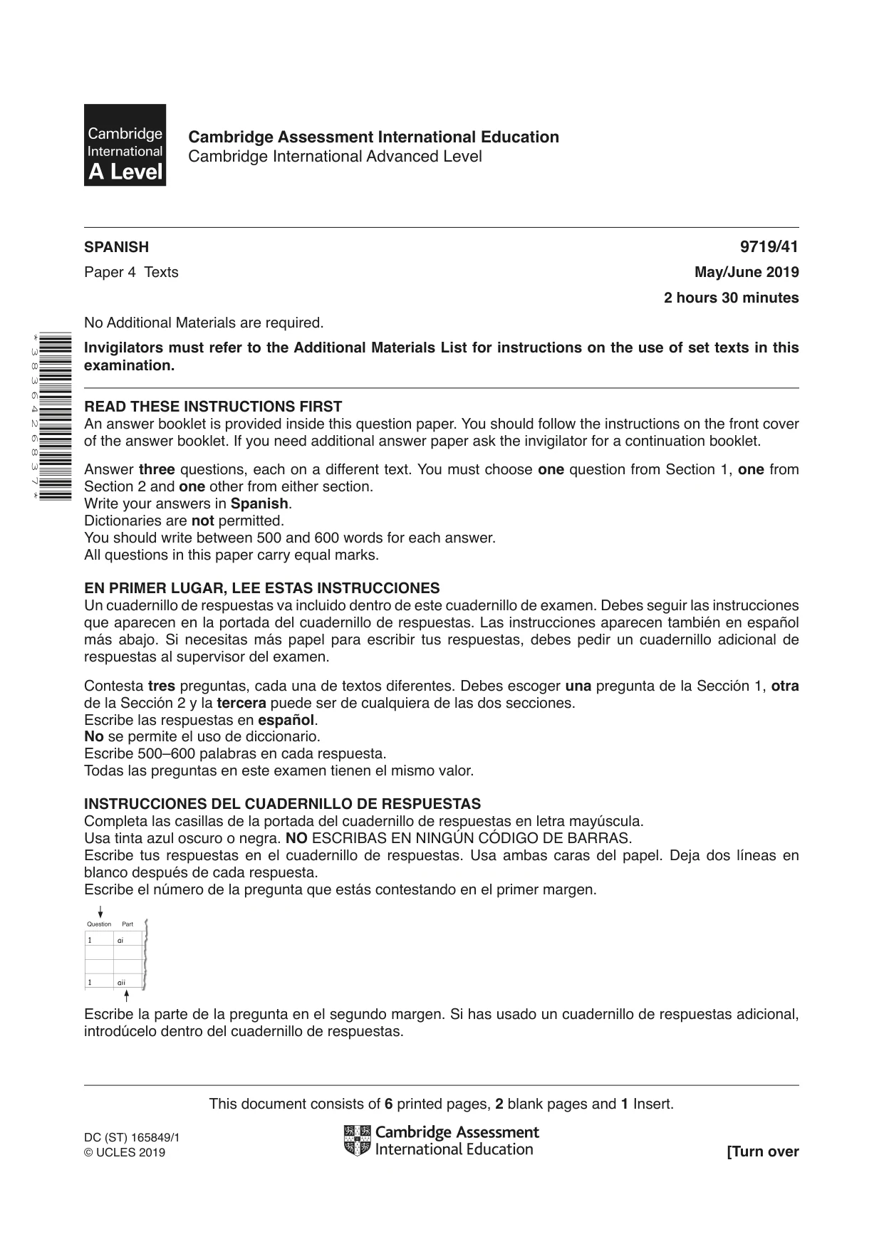 Cambridge A Level Spanish (A Level only) 9719 2019 May/June Paper 4 · Variant 1 question paper, page 1 of 8