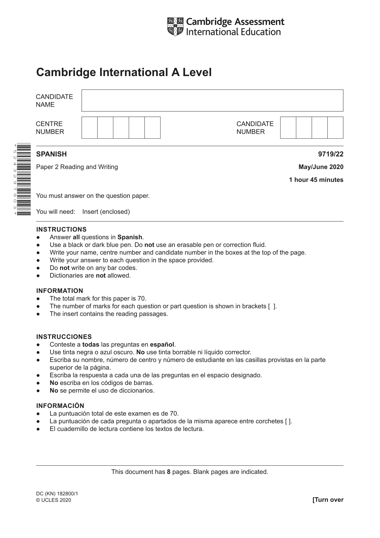 Cambridge A Level Spanish (A Level only) 9719 2020 May/June Paper 2 · Variant 2 question paper, page 1 of 8
