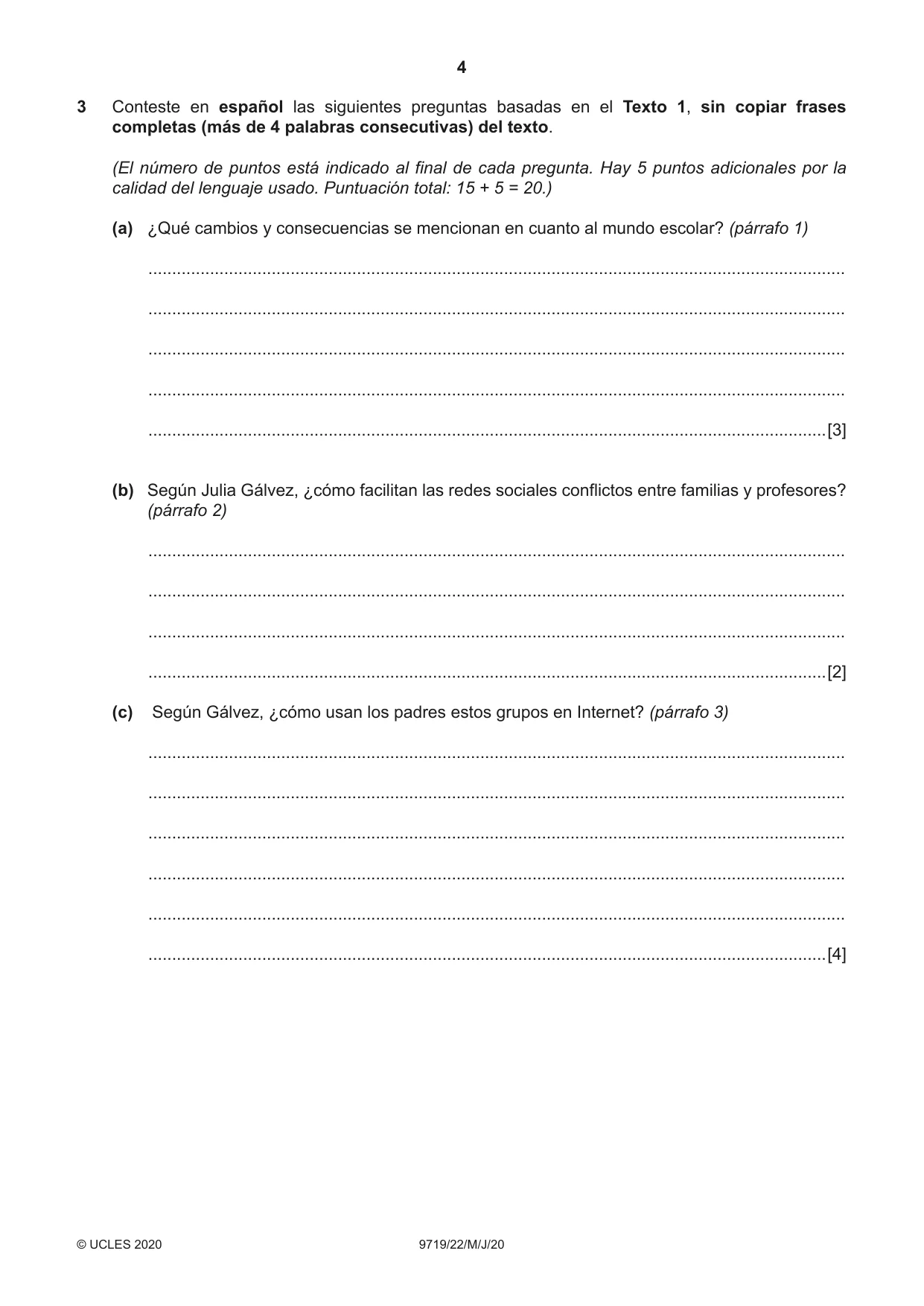 Cambridge A Level Spanish (A Level only) 9719 2020 May/June Paper 2 · Variant 2 question paper, page 4 of 8