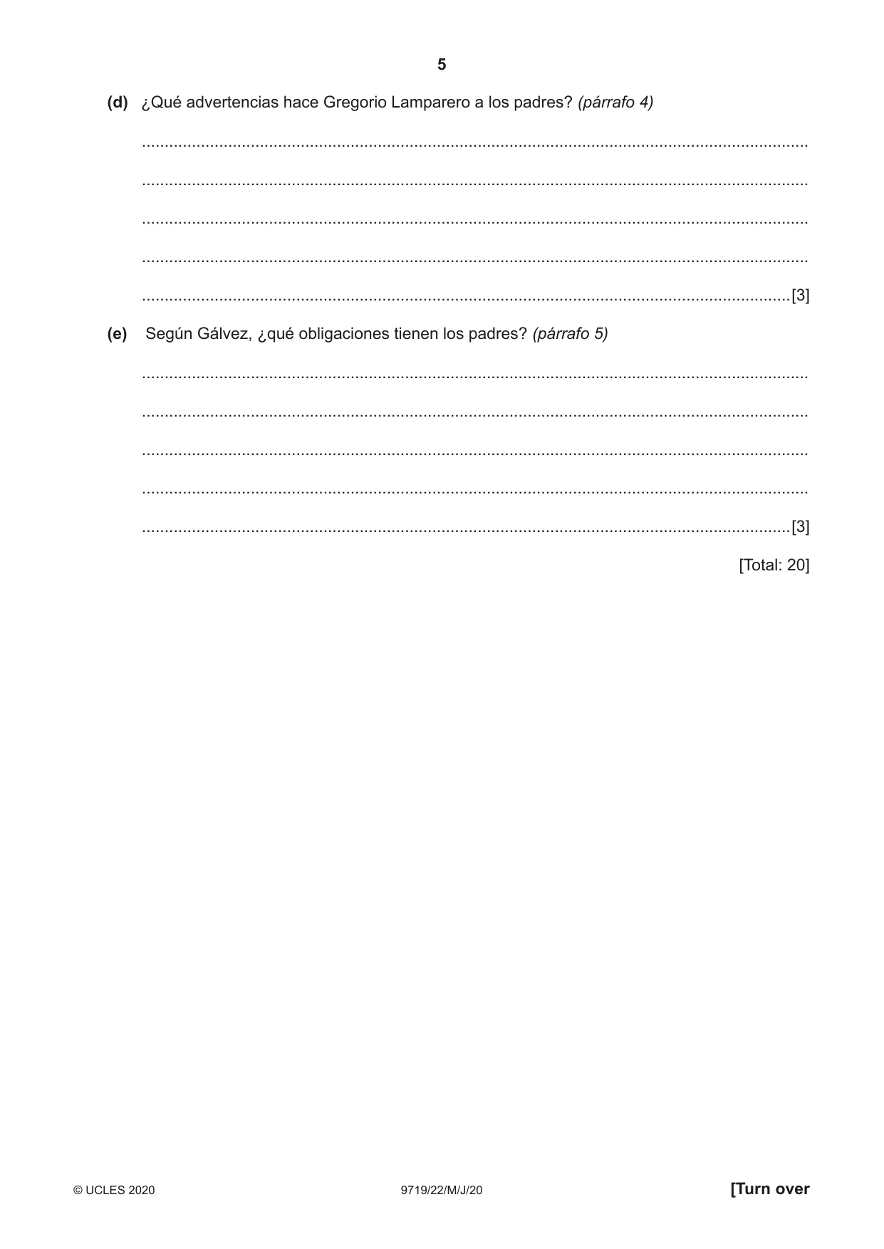 Cambridge A Level Spanish (A Level only) 9719 2020 May/June Paper 2 · Variant 2 question paper, page 5 of 8