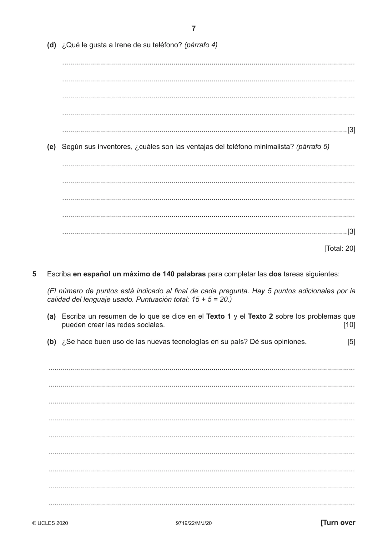 Cambridge A Level Spanish (A Level only) 9719 2020 May/June Paper 2 · Variant 2 question paper, page 7 of 8