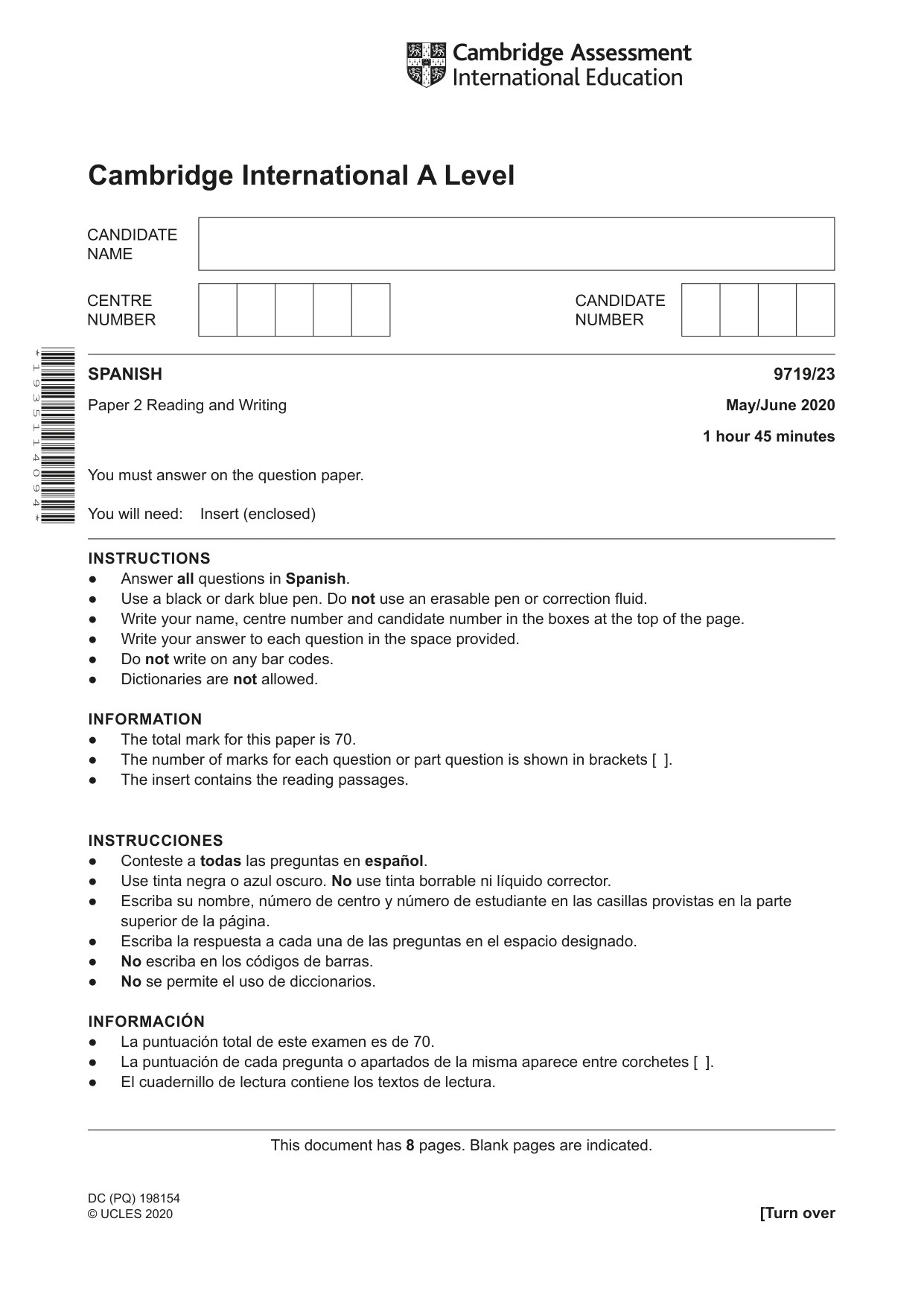 Cambridge A Level Spanish (A Level only) 9719 2020 May/June Paper 2 · Variant 3 question paper, page 1 of 8