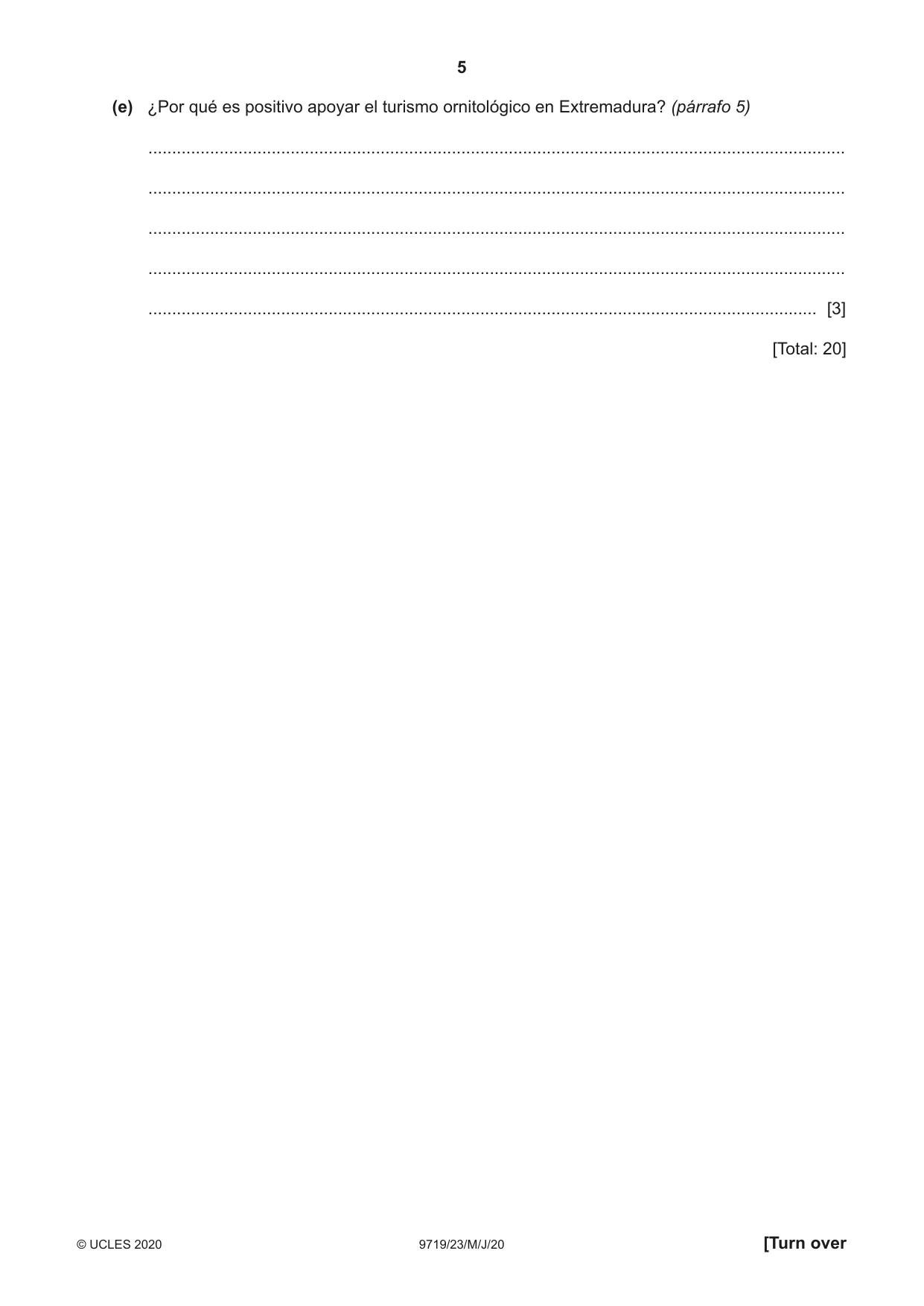 Cambridge A Level Spanish (A Level only) 9719 2020 May/June Paper 2 · Variant 3 question paper, page 5 of 8