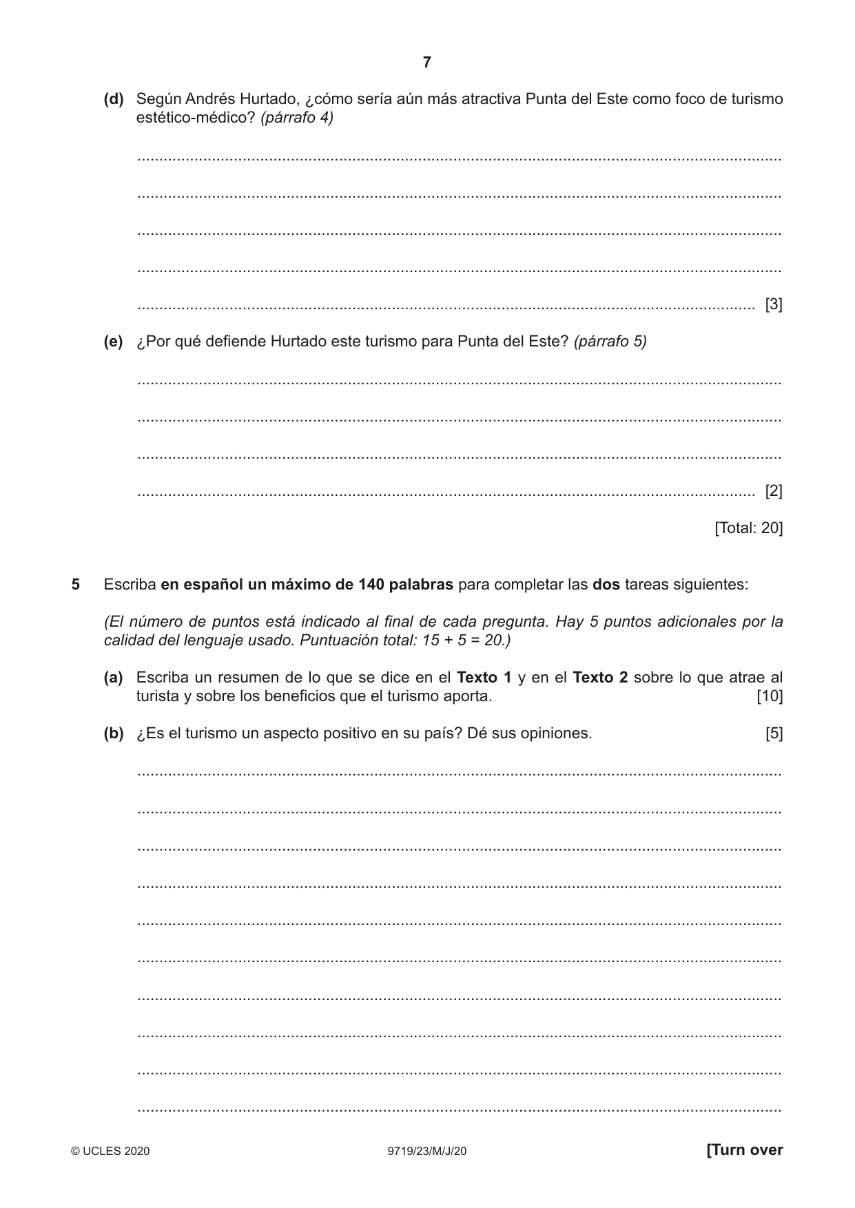 Cambridge A Level Spanish (A Level only) 9719 2020 May/June Paper 2 · Variant 3 question paper, page 7 of 8