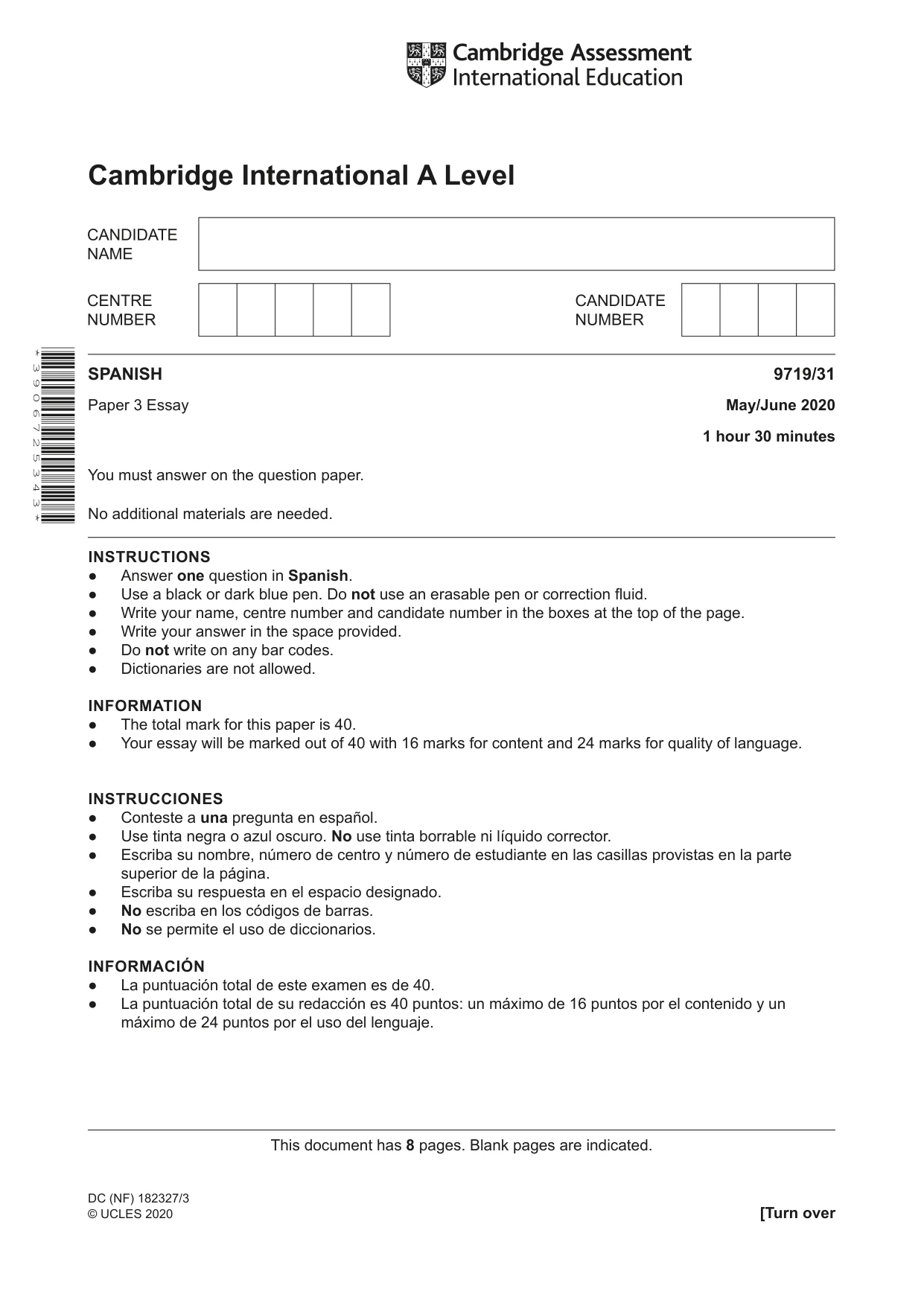 Cambridge A Level Spanish (A Level only) 9719 2020 May/June Paper 3 · Variant 1 question paper, page 1 of 8