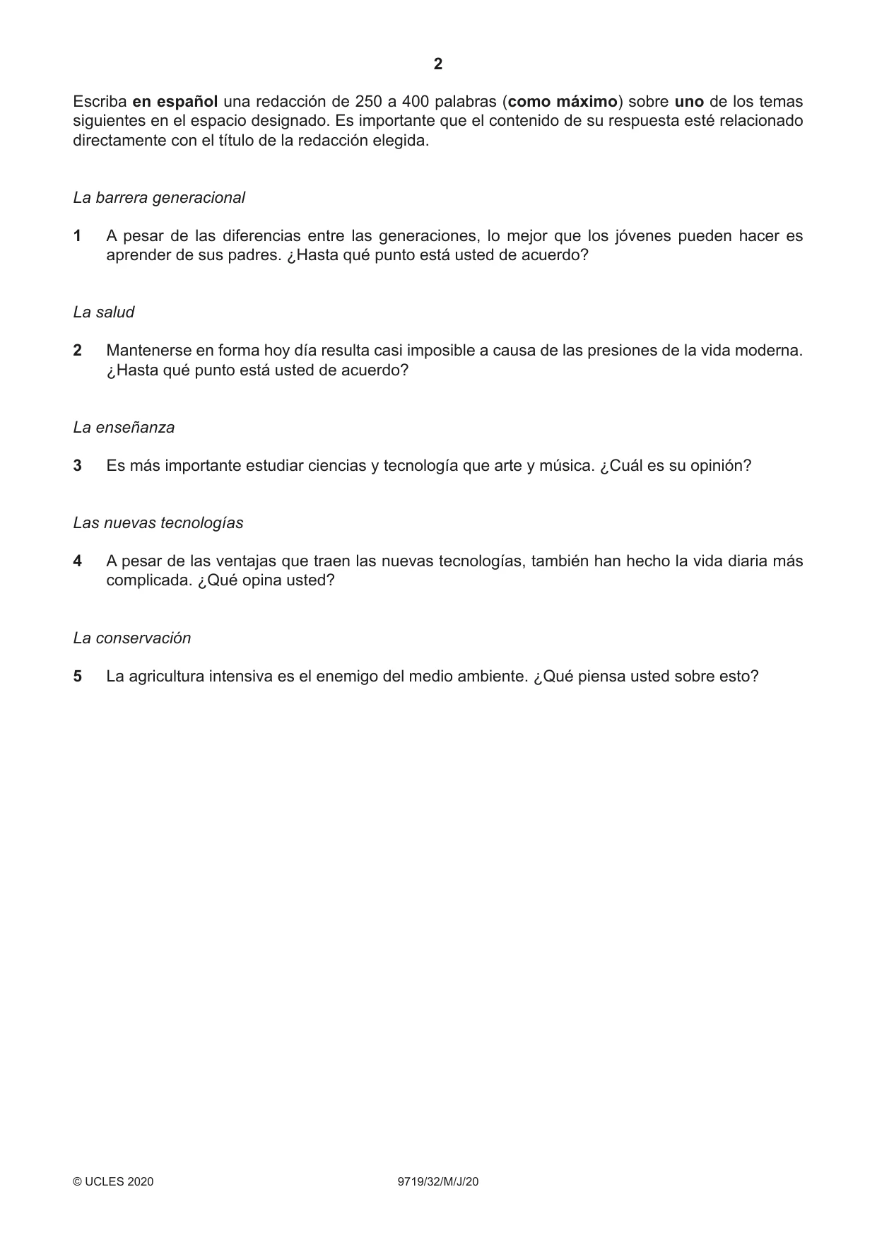 Cambridge A Level Spanish (A Level only) 9719 2020 May/June Paper 3 · Variant 2 question paper, page 2 of 8