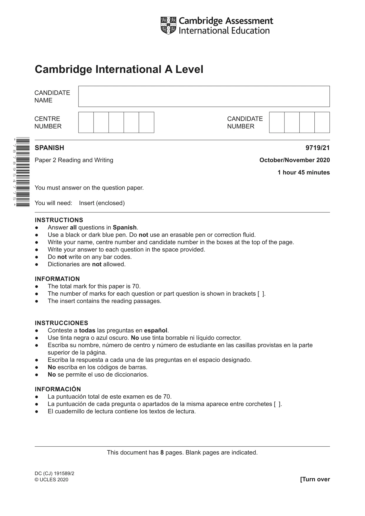 Cambridge A Level Spanish (A Level only) 9719 2020 Oct/Nov Paper 2 · Variant 1 question paper, page 1 of 8