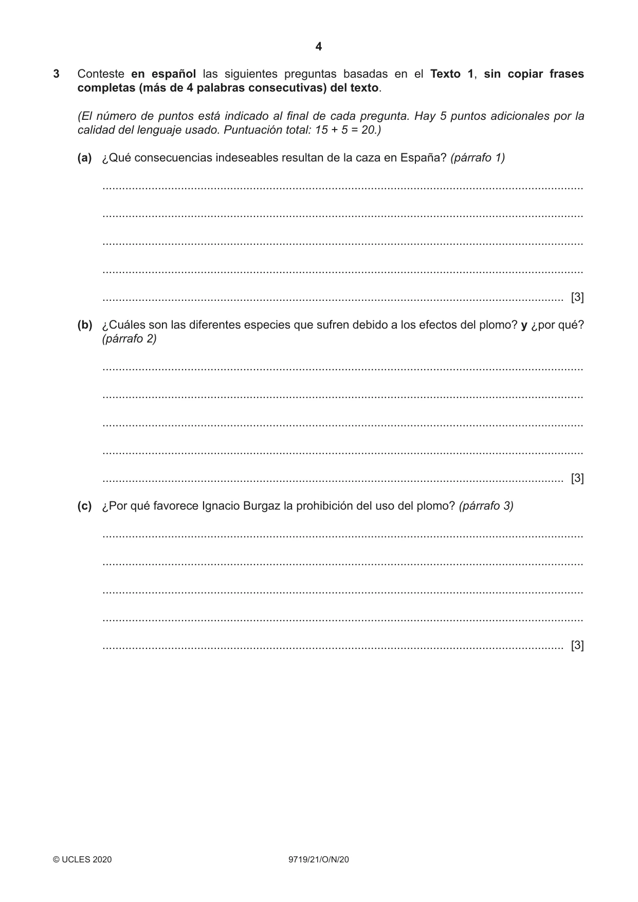 Cambridge A Level Spanish (A Level only) 9719 2020 Oct/Nov Paper 2 · Variant 1 question paper, page 4 of 8