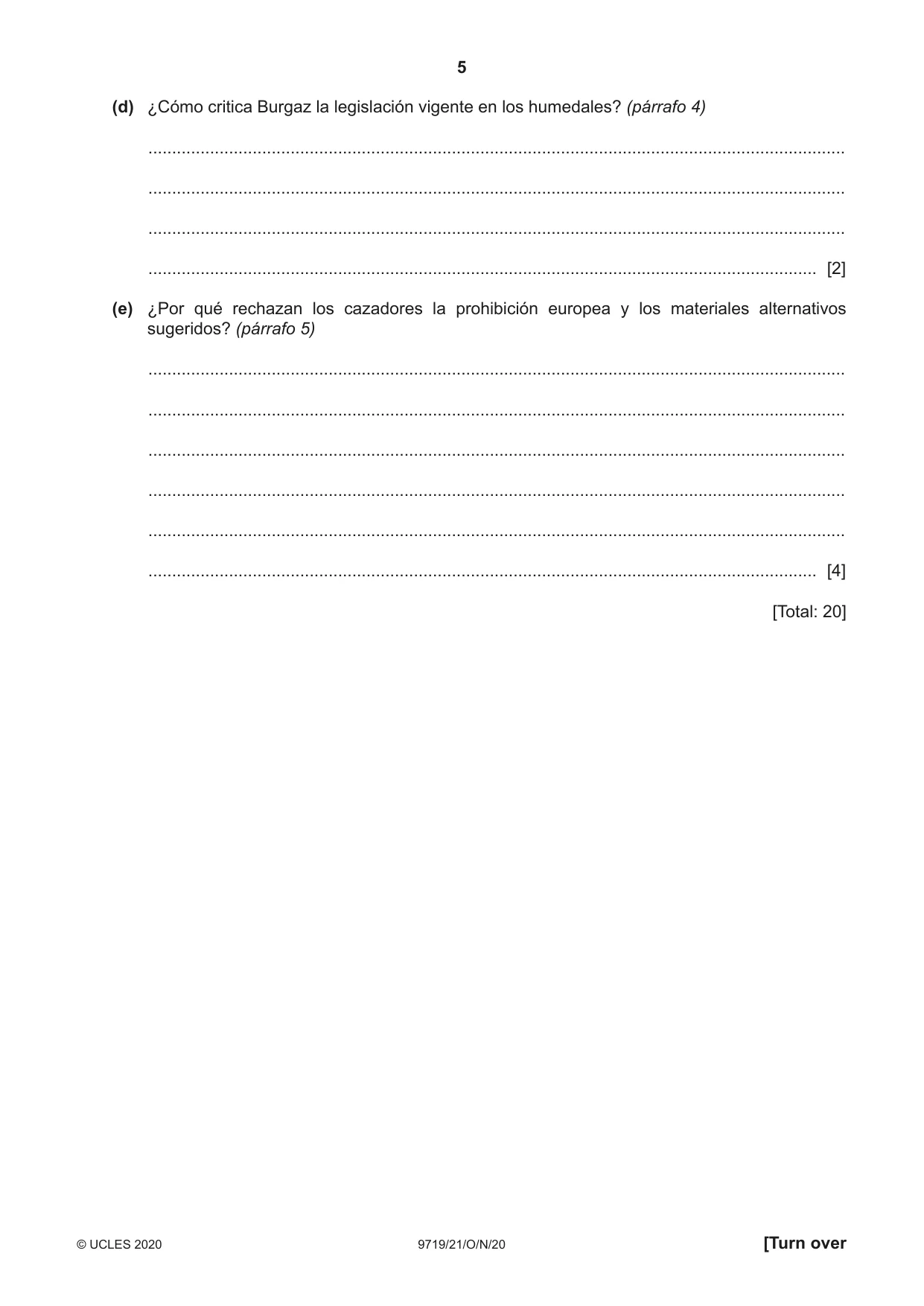 Cambridge A Level Spanish (A Level only) 9719 2020 Oct/Nov Paper 2 · Variant 1 question paper, page 5 of 8