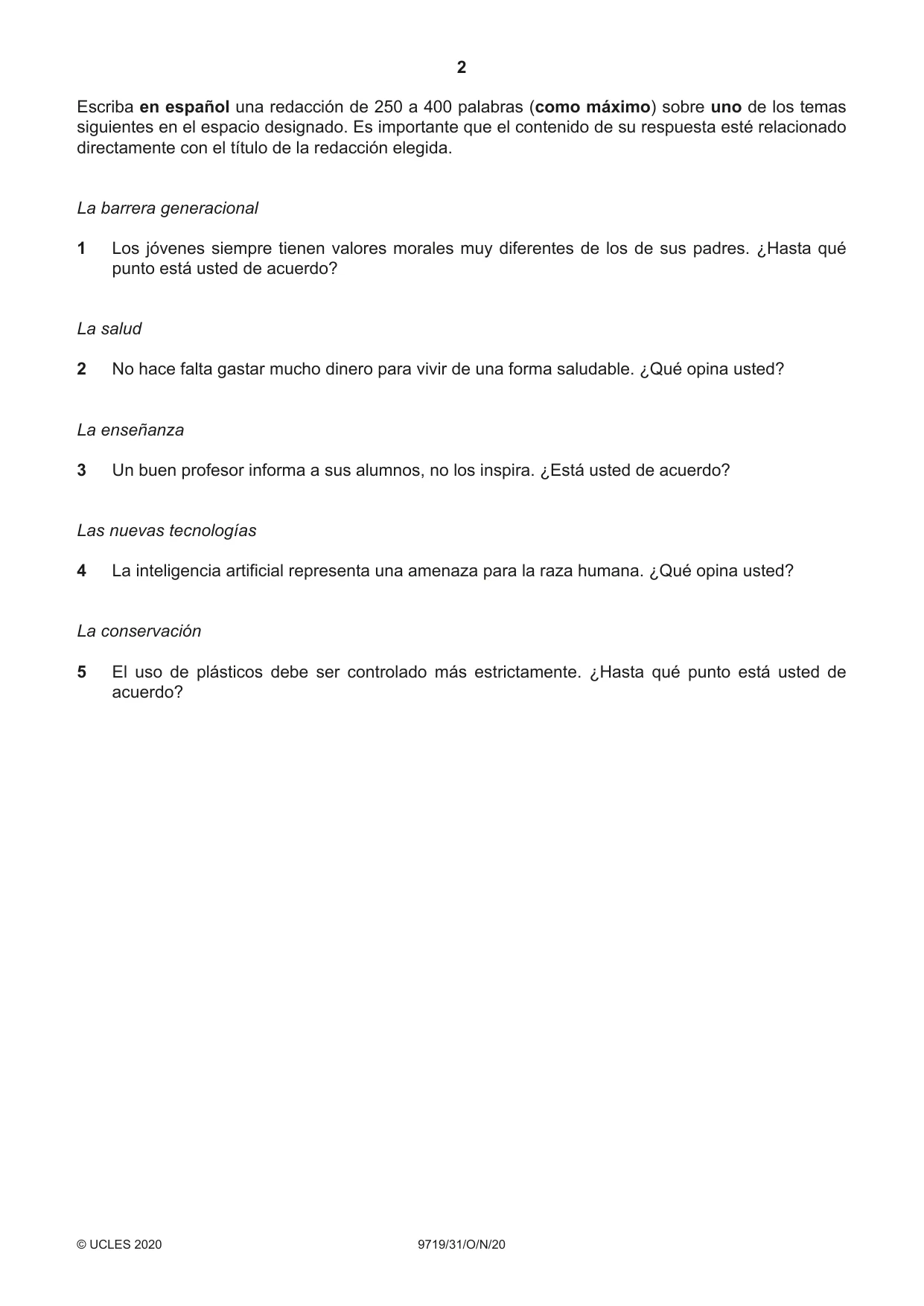 Cambridge A Level Spanish (A Level only) 9719 2020 Oct/Nov Paper 3 · Variant 1 question paper, page 2 of 8