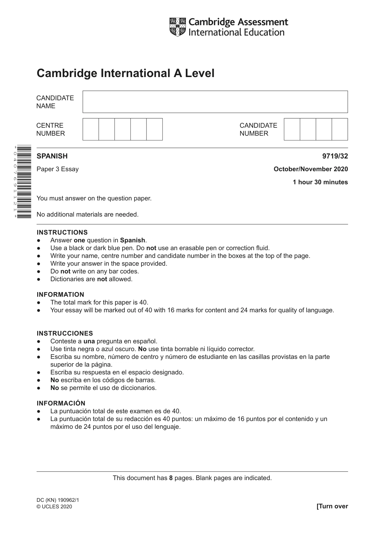 Cambridge A Level Spanish (A Level only) 9719 2020 Oct/Nov Paper 3 · Variant 2 question paper, page 1 of 8