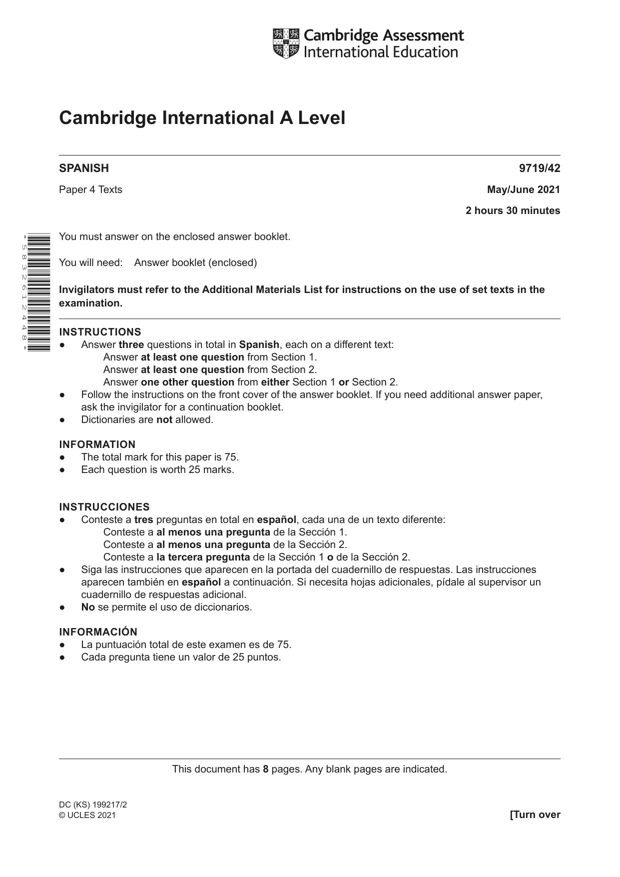 Cambridge A Level Spanish (A Level only) 9719 2021 May/June Paper 4 · Variant 2 question paper, page 1 of 8