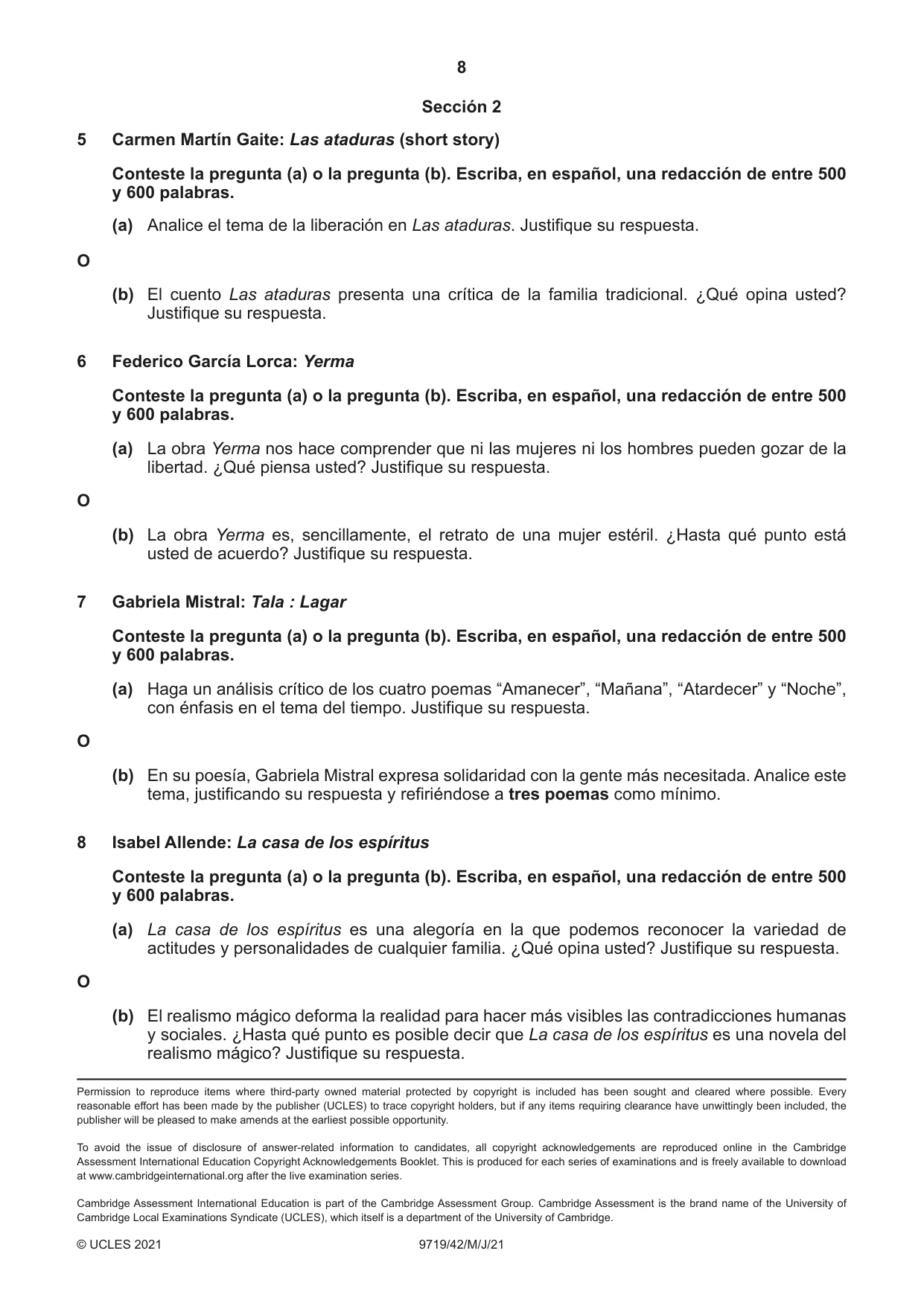 Cambridge A Level Spanish (A Level only) 9719 2021 May/June Paper 4 · Variant 2 question paper, page 8 of 8