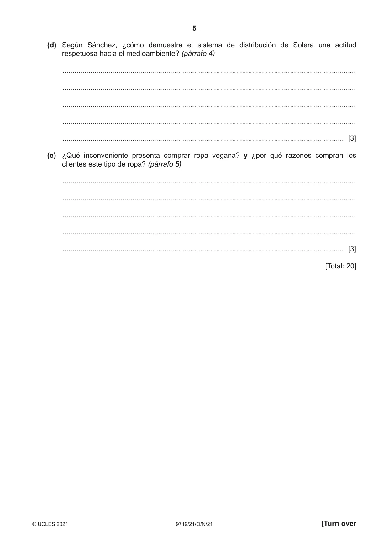 Cambridge A Level Spanish (A Level only) 9719 2021 Oct/Nov Paper 2 · Variant 1 question paper, page 5 of 8