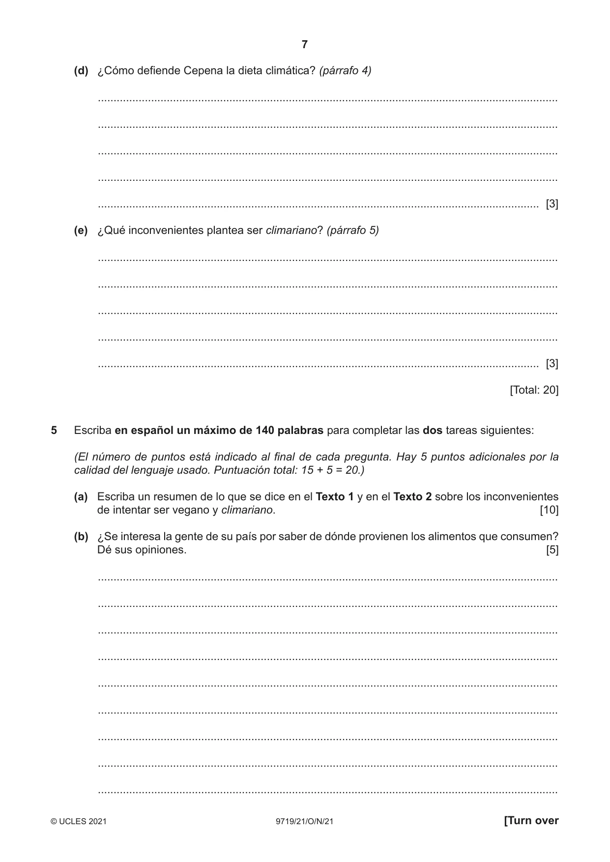 Cambridge A Level Spanish (A Level only) 9719 2021 Oct/Nov Paper 2 · Variant 1 question paper, page 7 of 8